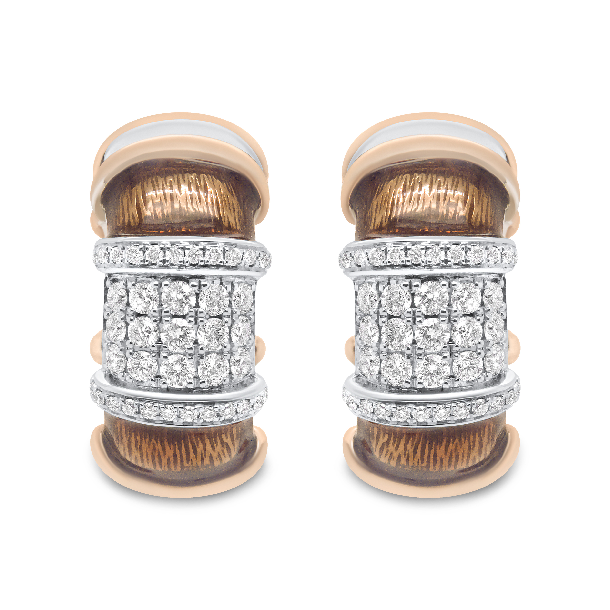 18K White and Rose Gold Flash Plated .925 Sterling Silver Clear Brown Enamel 1/6 Cttw Round Diamond Huggie Hoop Earrings (F-G Color, VS1-VS2 Clarity)