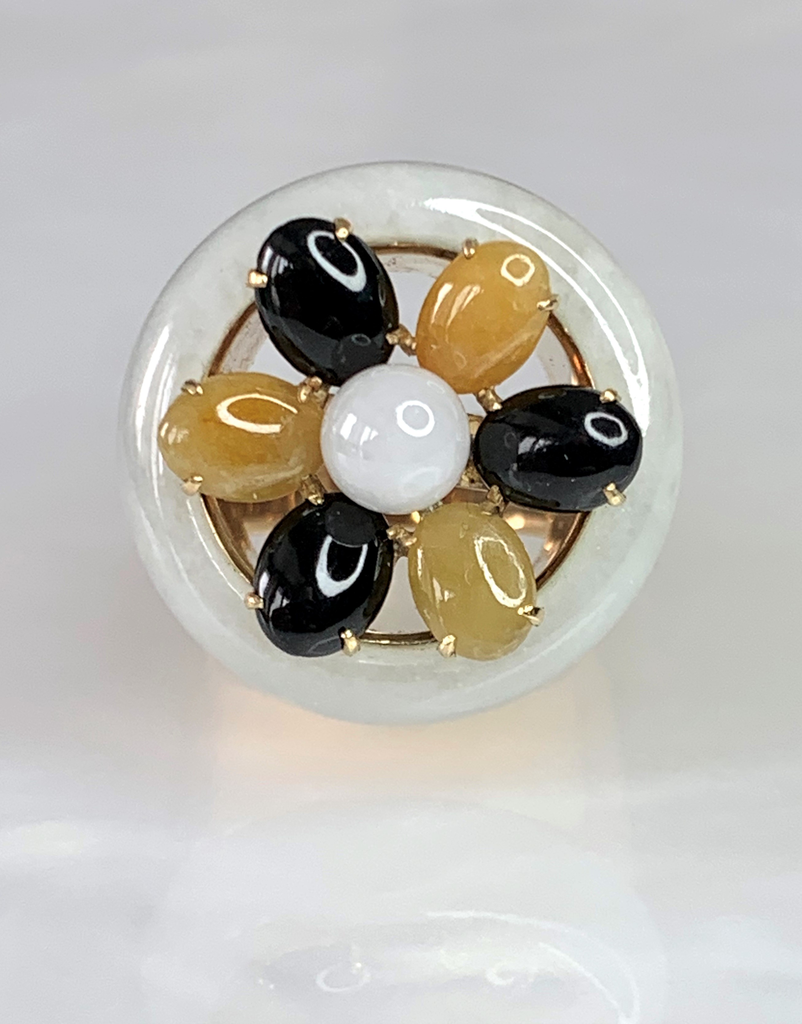 14K Yellow Gold With Multi-Colored Jade Cabochon Statement Ring