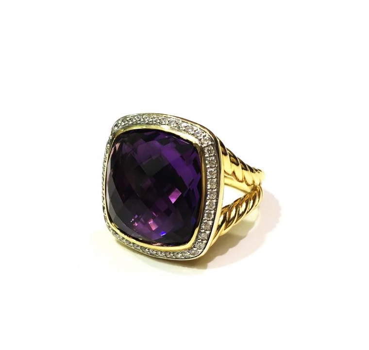 David Yurman Albion Ring with Amethyst and Diamonds in 18K Gold
