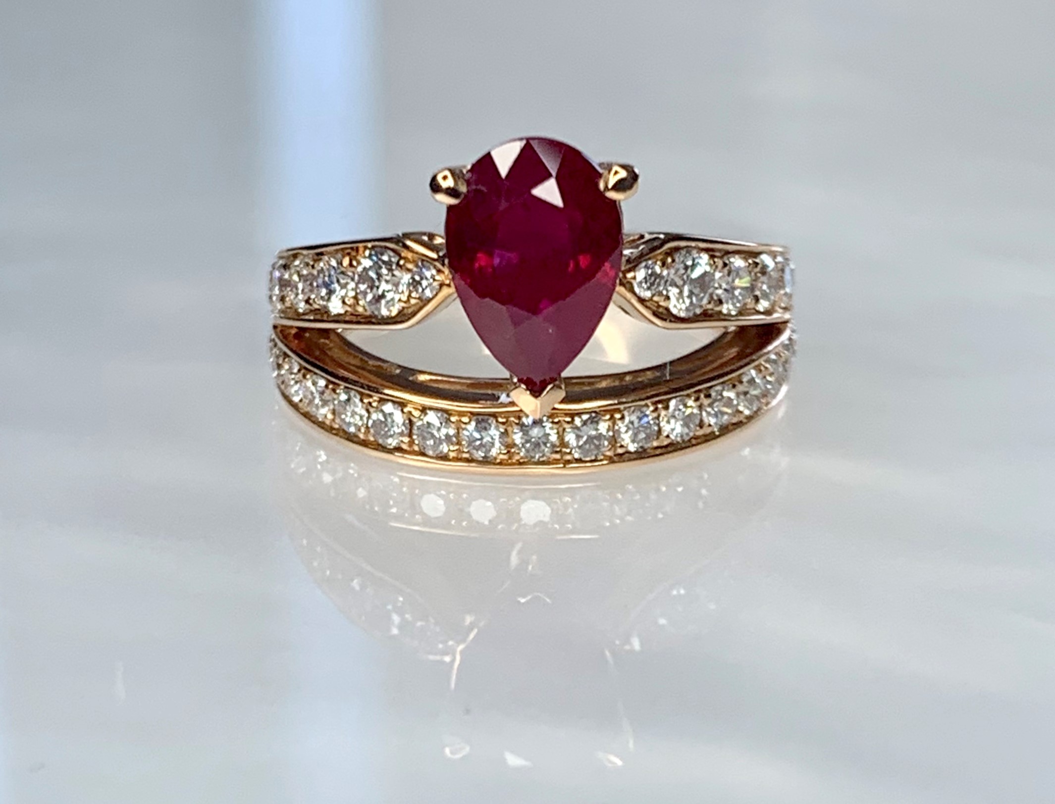 18K Rose Gold Pear Shaped Ruby Diamond Engagement Ring