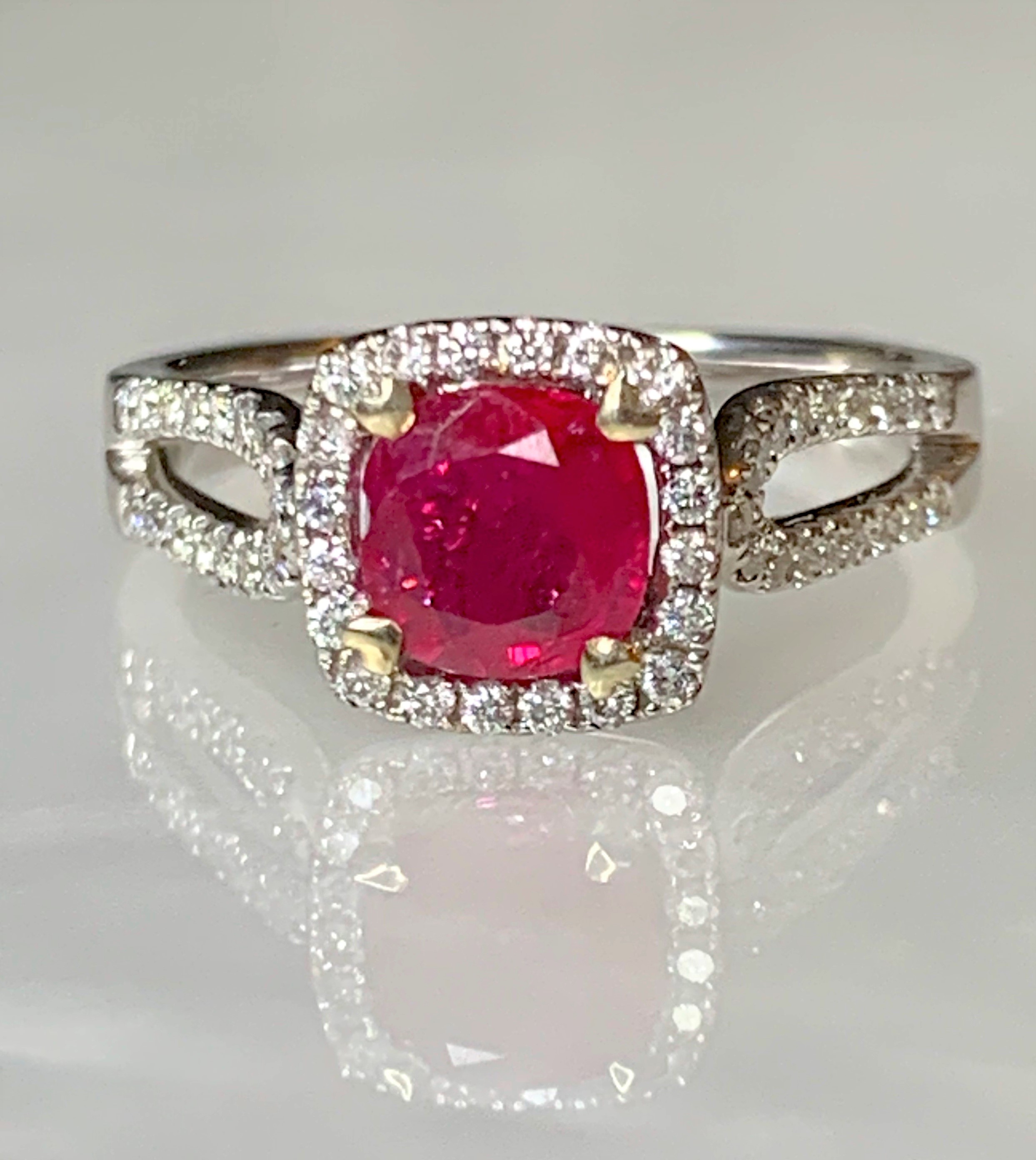 18K White Gold Cushion Cut Ruby Engagement Diamond Ring