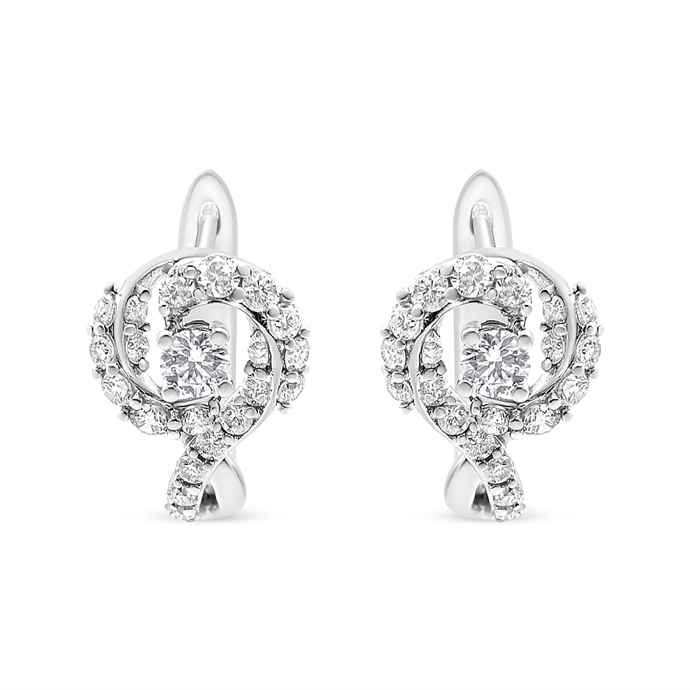 True 14K White Gold 5/8 Cttw Diamond Solitaire Halo Swirl Huggie Hoop Earrings (J-K Color, SI2-I1 Clarity)