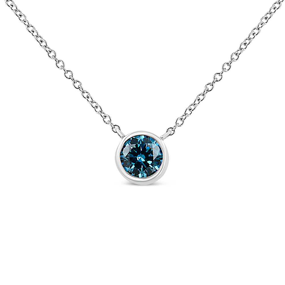 14K White Gold 1/2 Cttw Blue Lab Grown Diamond Modern Bezel-Set Solitaire 16"-18" Pendant Necklace (Blue Color, VS2-SI1 Clarity)