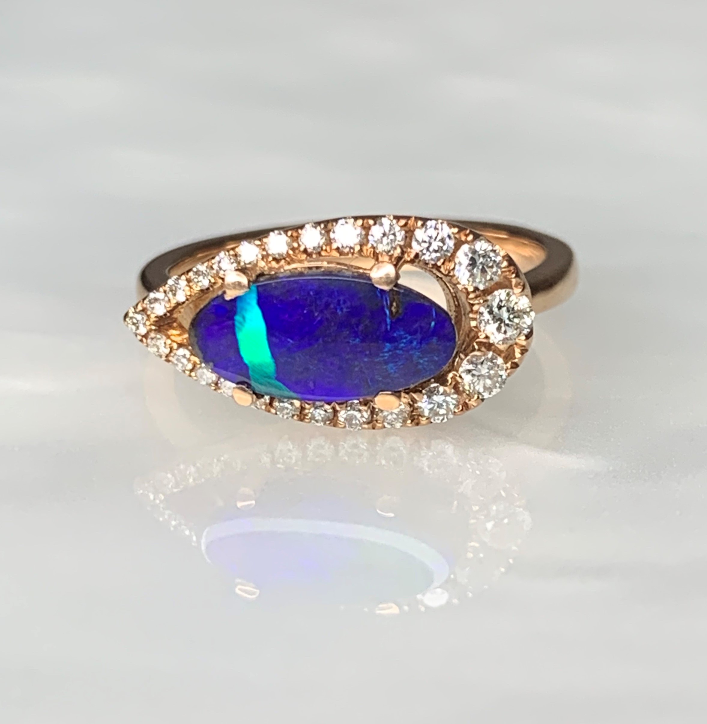 14K Rose Gold Pear Shaped Australian Opal Diamond Ring