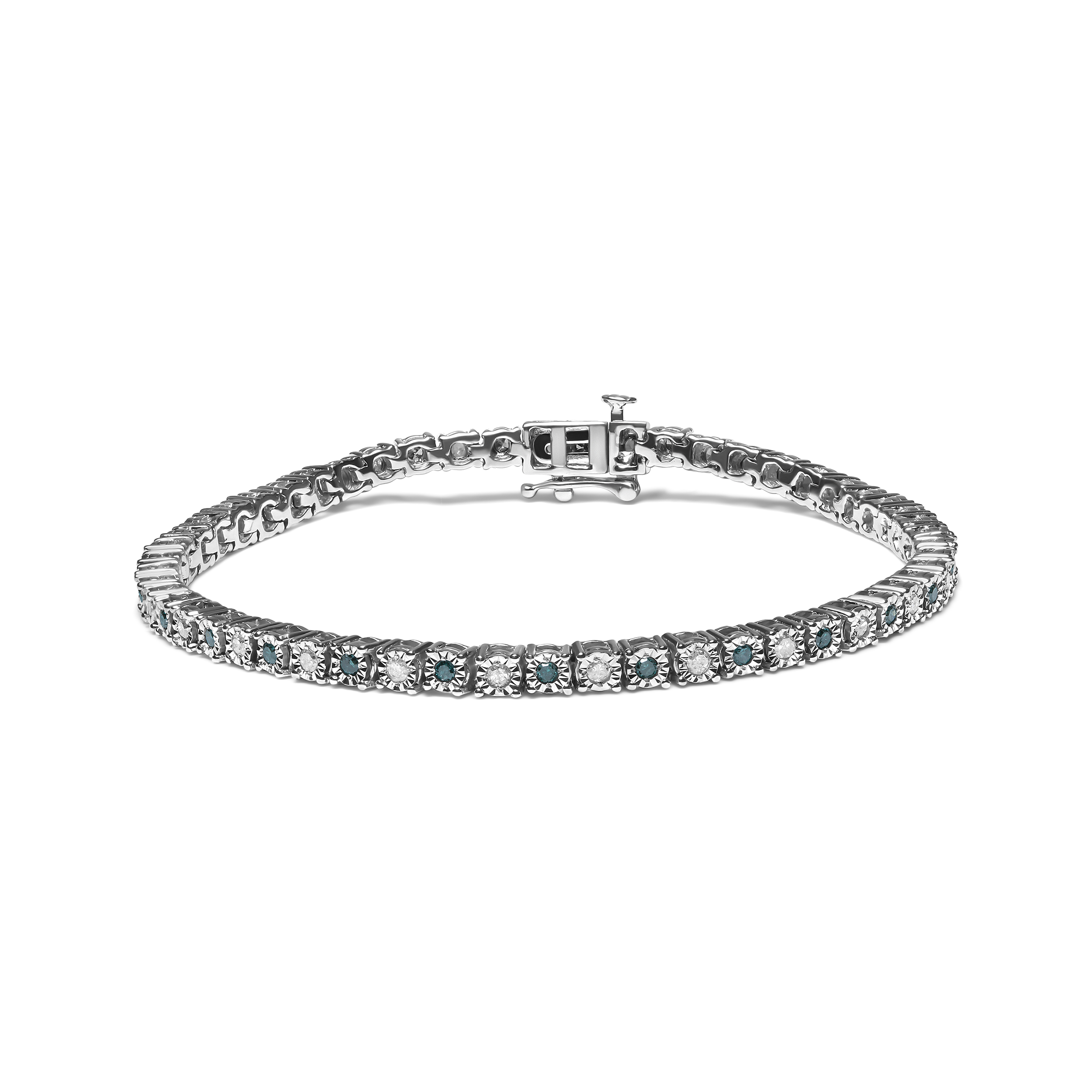 True .925 Sterling Silver 1.0 Cttw with Alternating Round White Diamond and Round Treated Green Diamond Tennis Bracelet (Green and I-J Color, I3 claritys
) - Size 7" Inches