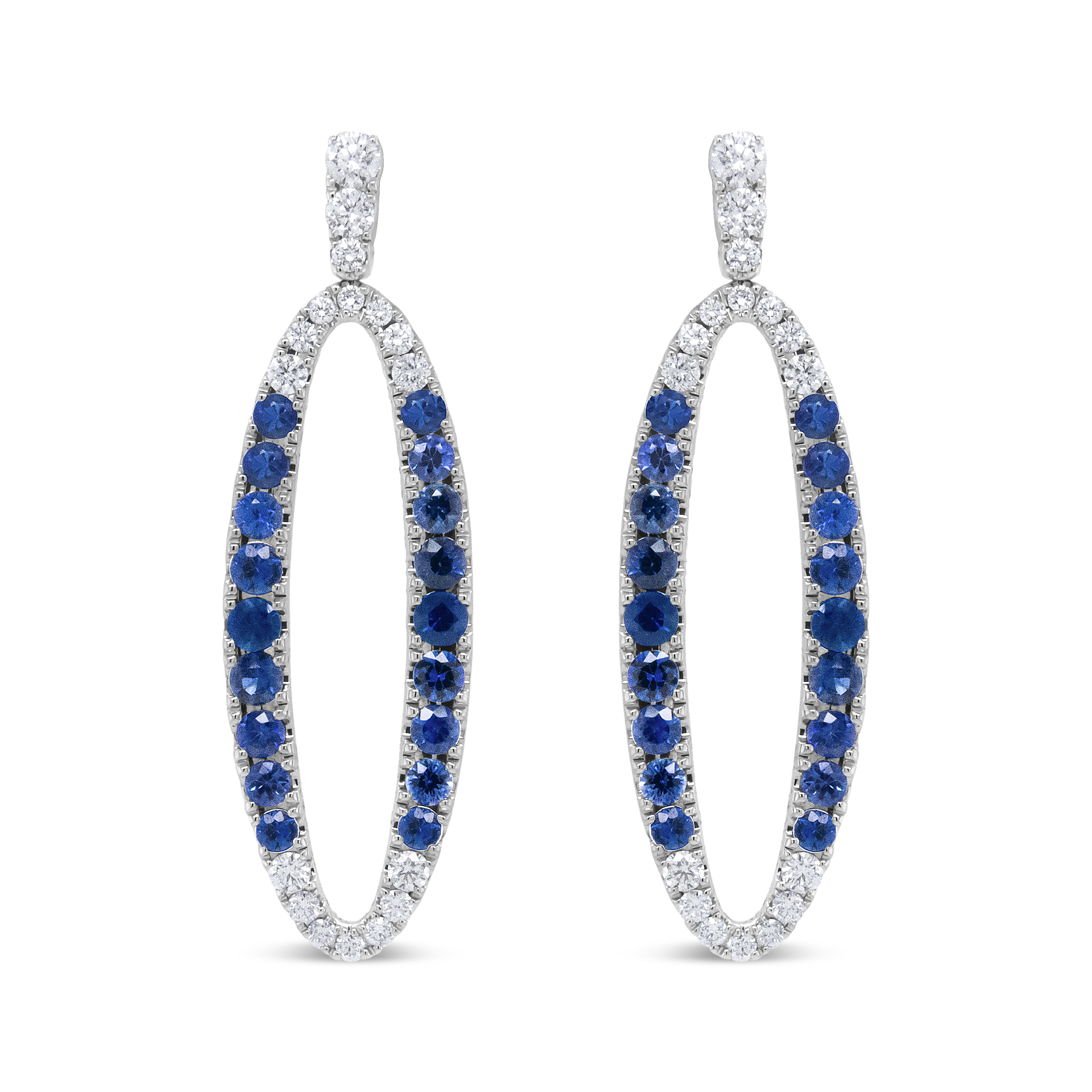 18K White Gold 1.11 Cttw Blue Round Diamond and Blue Sapphire Openwork Oval Shaped Dangle Earrings (F-G Color, VS1-VS2 Clarity)