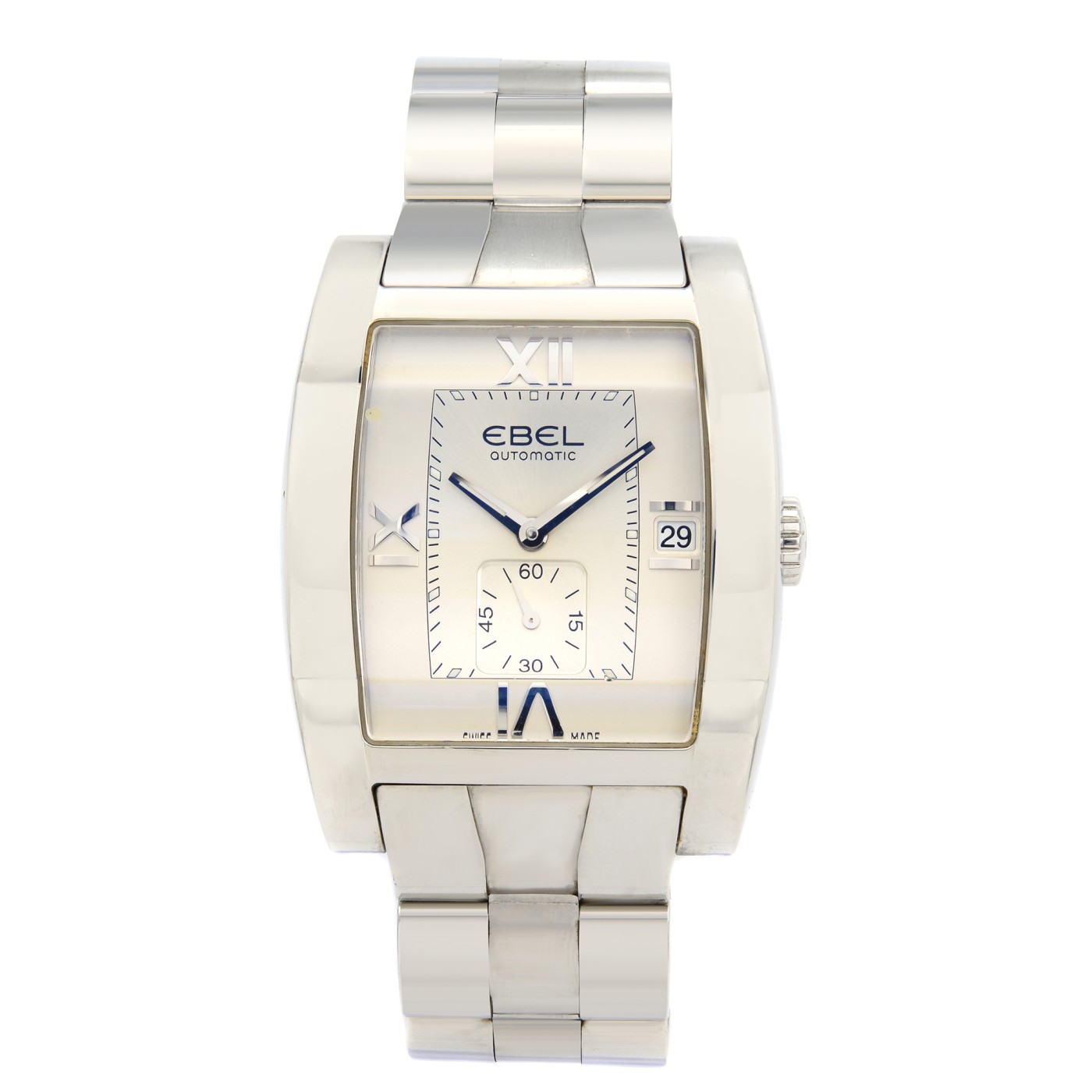 Ebel Tarawa Stainless Steel Tonneau Silver Roman Dial Mens Watch