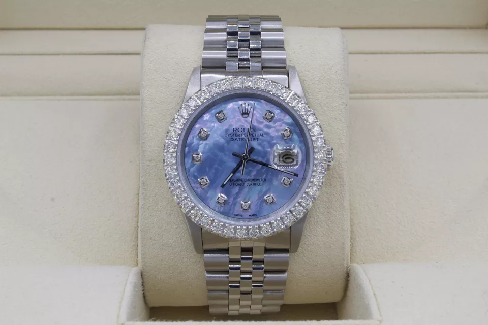 Rolex Datejust 36mm Custom 3ct VS Diamond Bezel  Sky Blue MOP Dial S/S Quickset