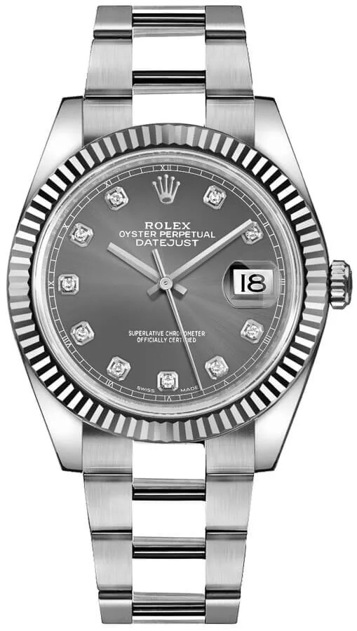 Rolex Datejust 41 Rhodium Diamond Dial Fluted White Gold Bezel Mens Dress Watch