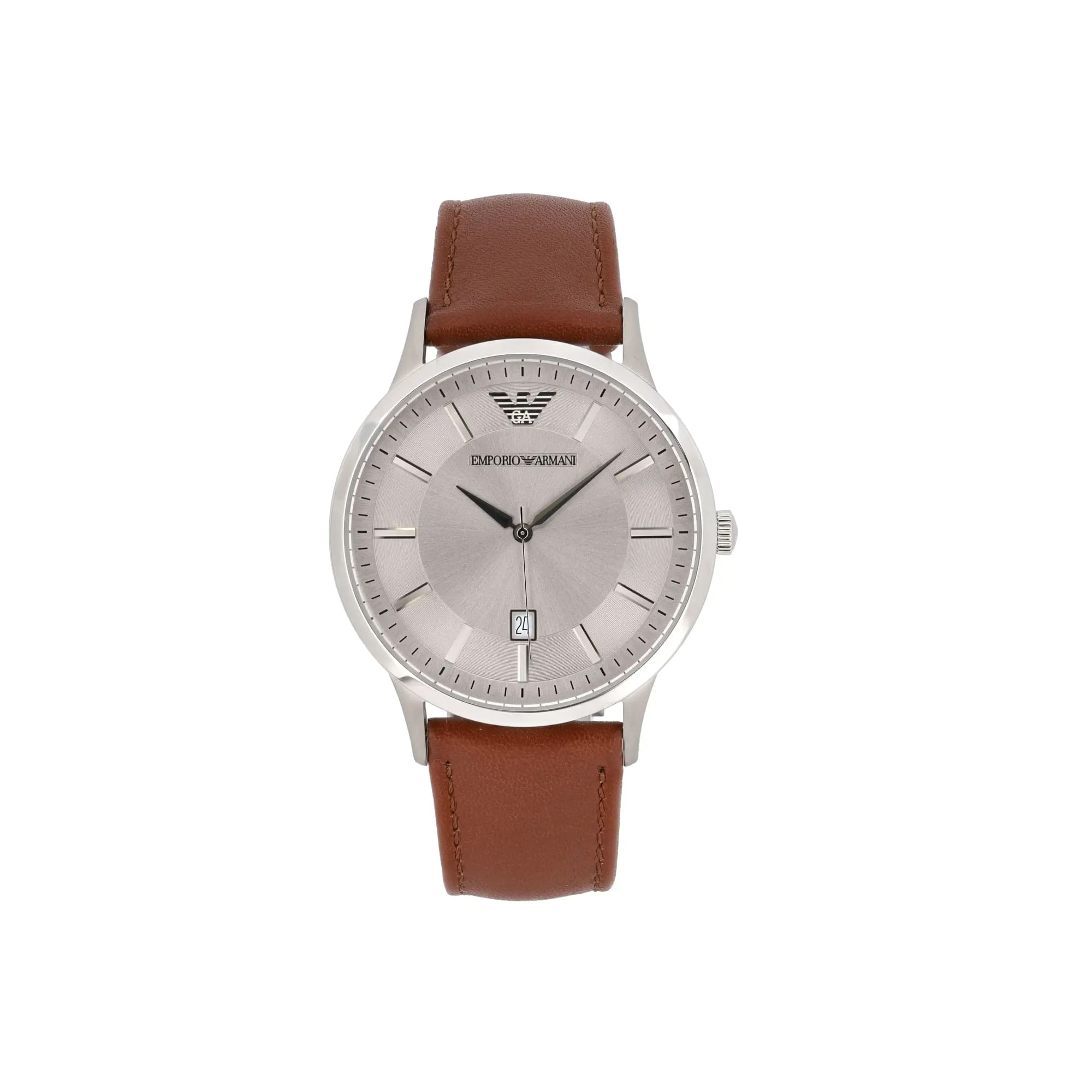 Emporio  Armani 43mm Steel Silver Dial Brown Band Men's Quartz Watch 