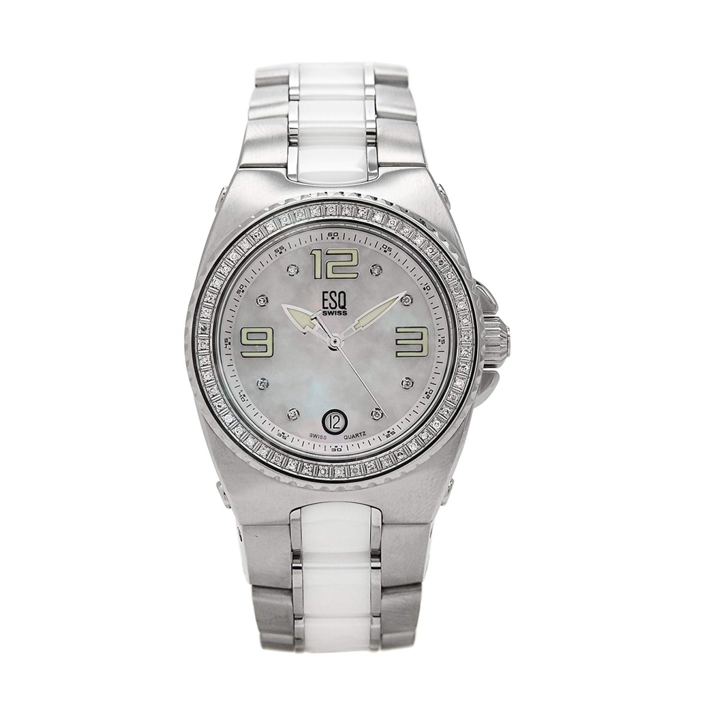 ESQ Movado Bali Steel White Ceramic MOP Dial Ladies Watch