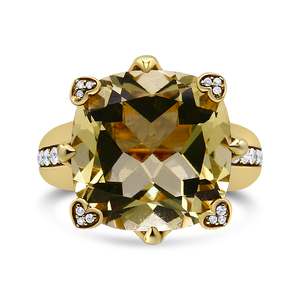 18K Yellow Gold 15x15mm Cushion Cut Lemon Quartz and 1/4 Cttw Diamond Accented Cocktail Ring (F-G Color, VS1-VS2 Clarity) - Ring Size 7