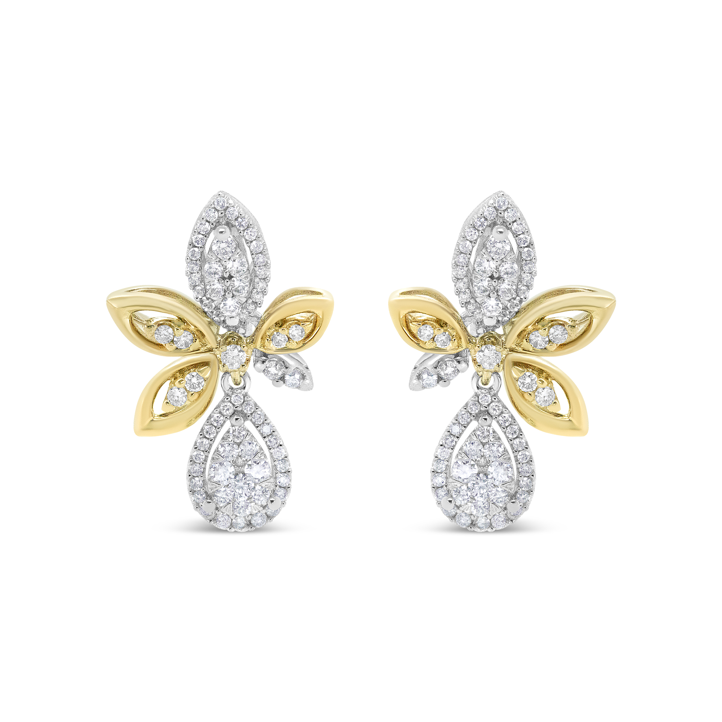 14K White and Yellow Gold 1.00 Cttw Round Pave-Set Diamond Teardrop and Marquise Shape Drop Dangle Earrings (H-I Color, SI1-SI2 Clarity)