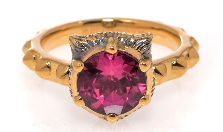 18k Gold Gucci Le Marche Des Merveilles Feline Head Pink Tourmaline Ring