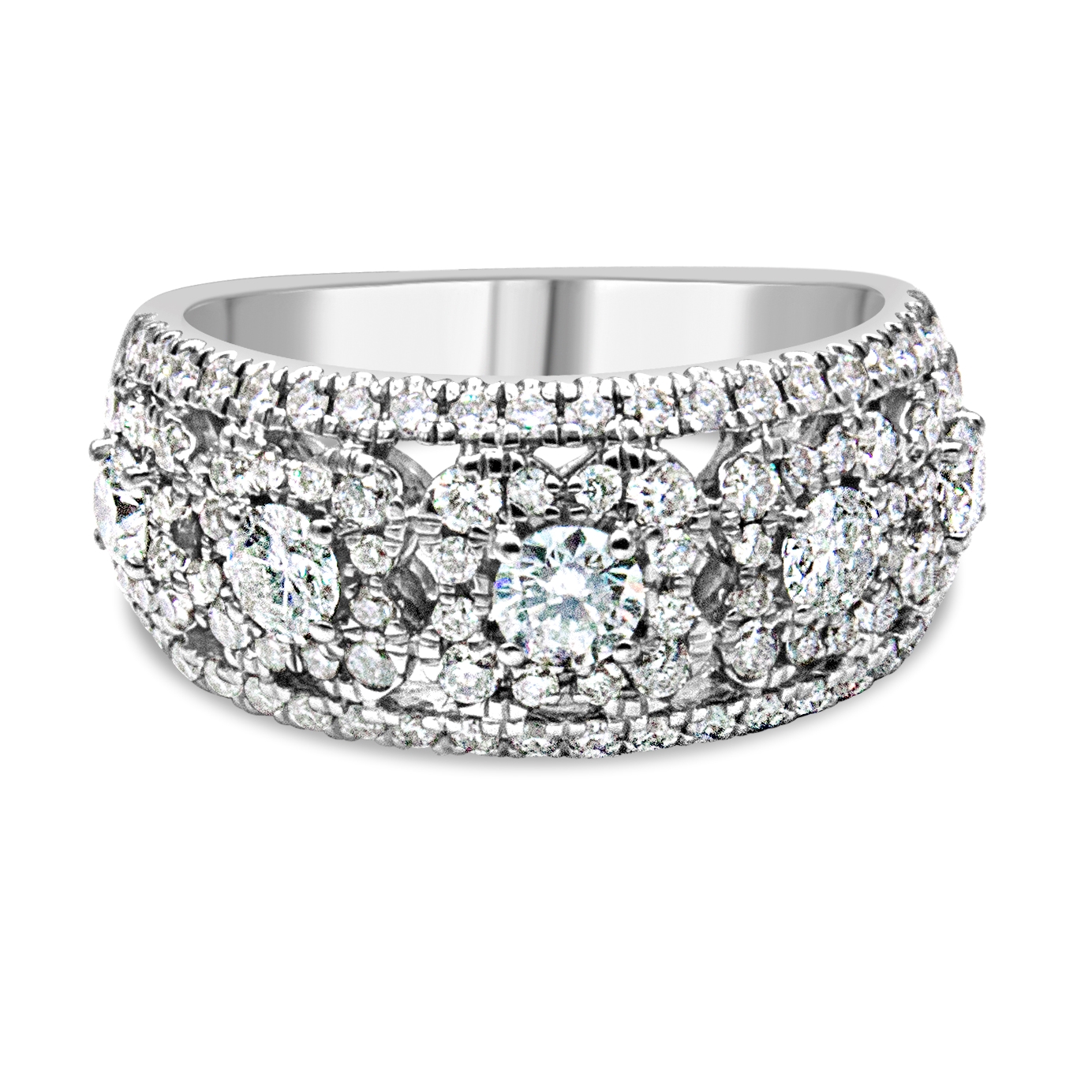 14k White Gold 1 1/2 Cttw Round Diamond Openwork Floral Filigree Anniversary Fashion Band Ring (H-I Color, I1-I2 Clarity) - Size 6.75