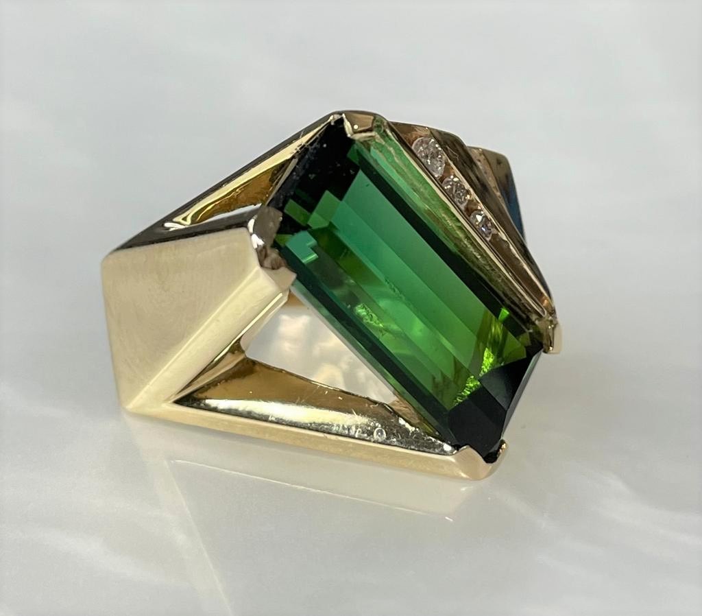 14K Yellow Gold Emerald Cut Green Tourmaline Diamond Ring