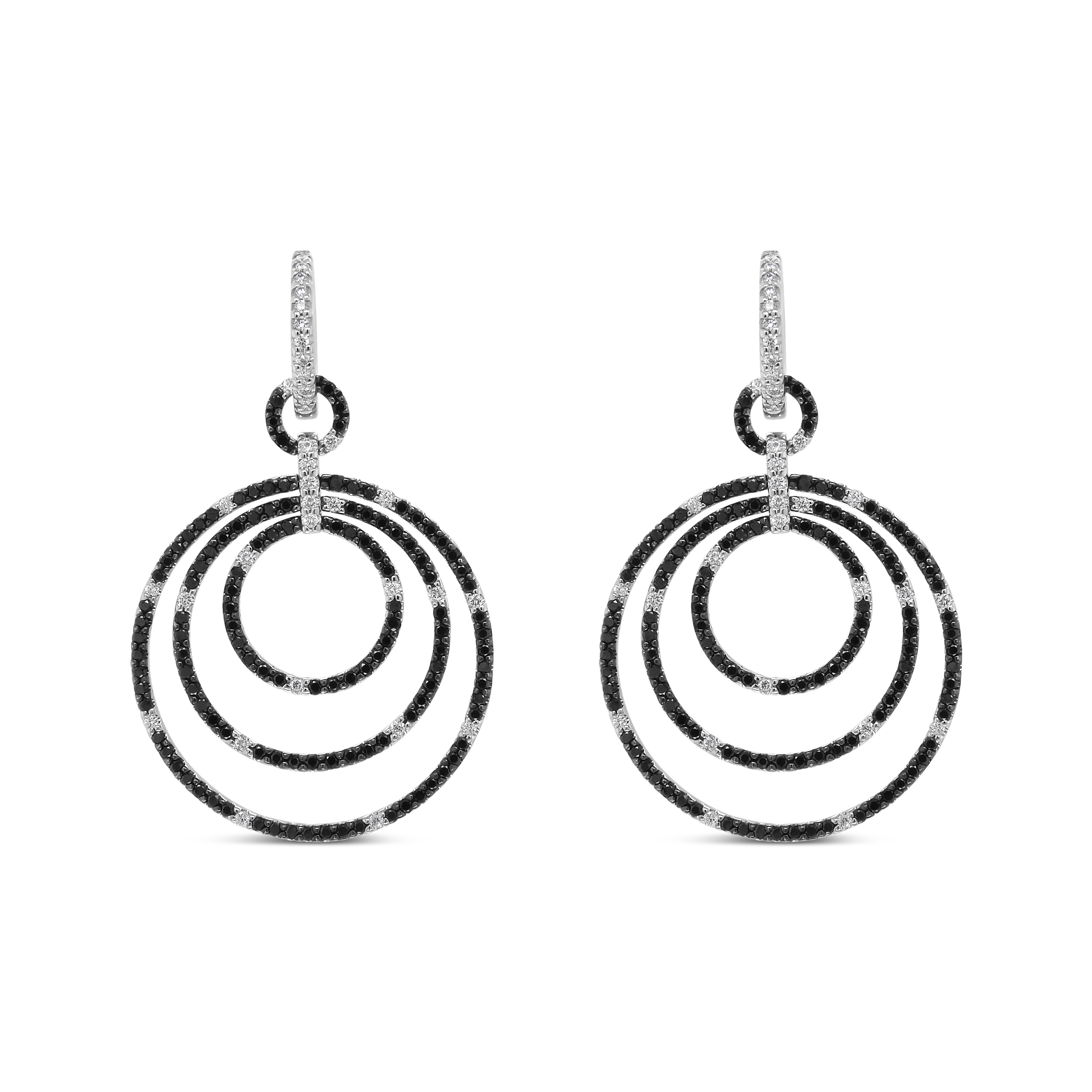 18K White Gold Round 2 1/3 Cttw Black and White Diamond Graduated Hoop Dangle Earrings (Black and F-G Color, VS1-VS2 Clarity)
