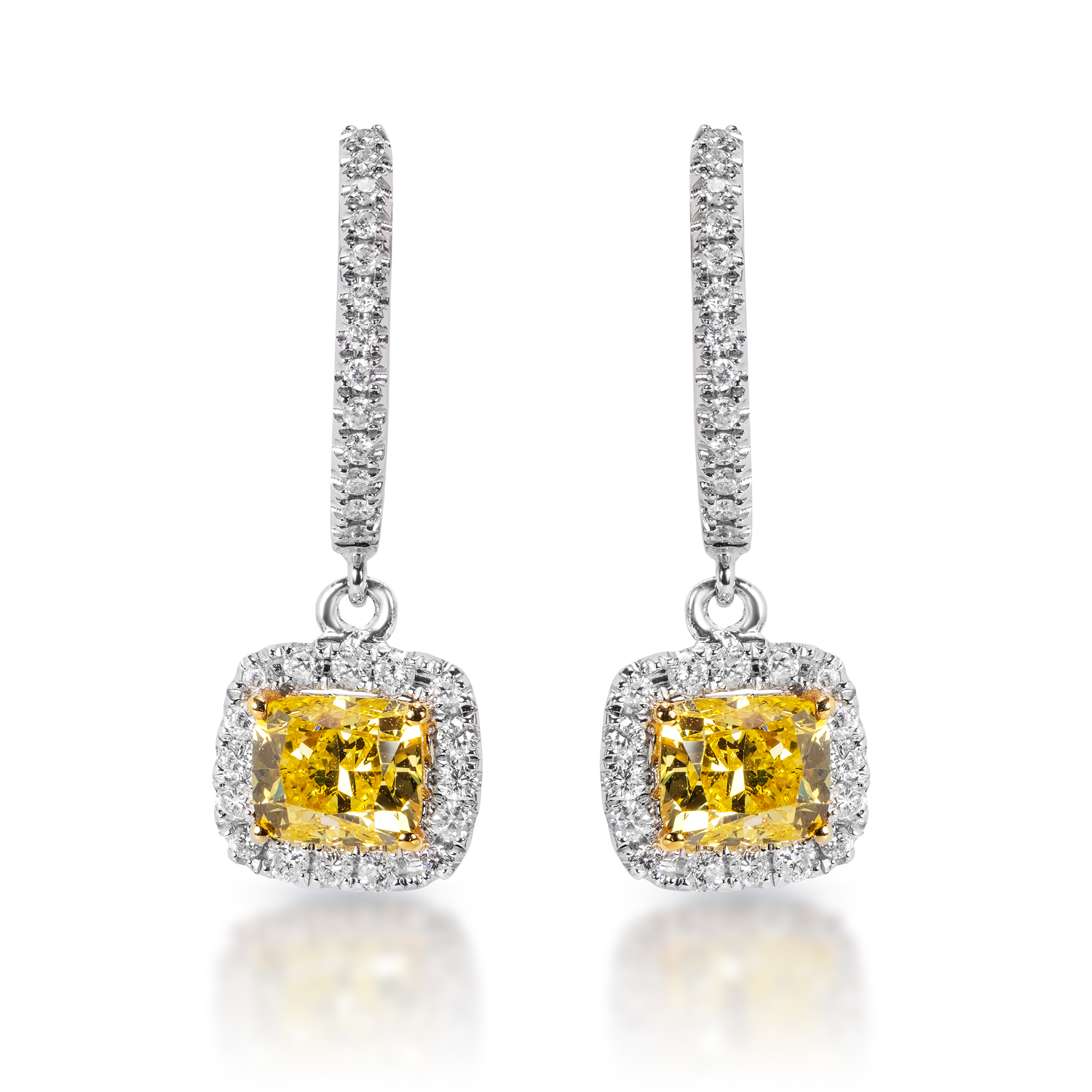 Madeleine   Carat Cushion Cut Diamond Leverback Earrings with yellow diamonds in 14k White Gold