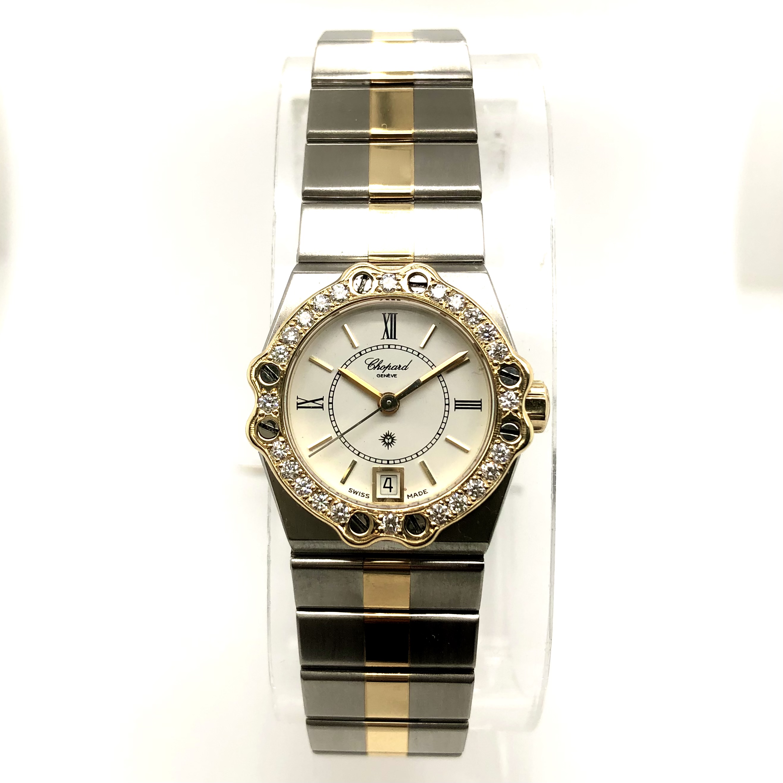 CHOPARD ST. MORITZ Quartz 24mm 18K Yellow Gold & Steel Watch 1.02TCW DIAMOND Bezel