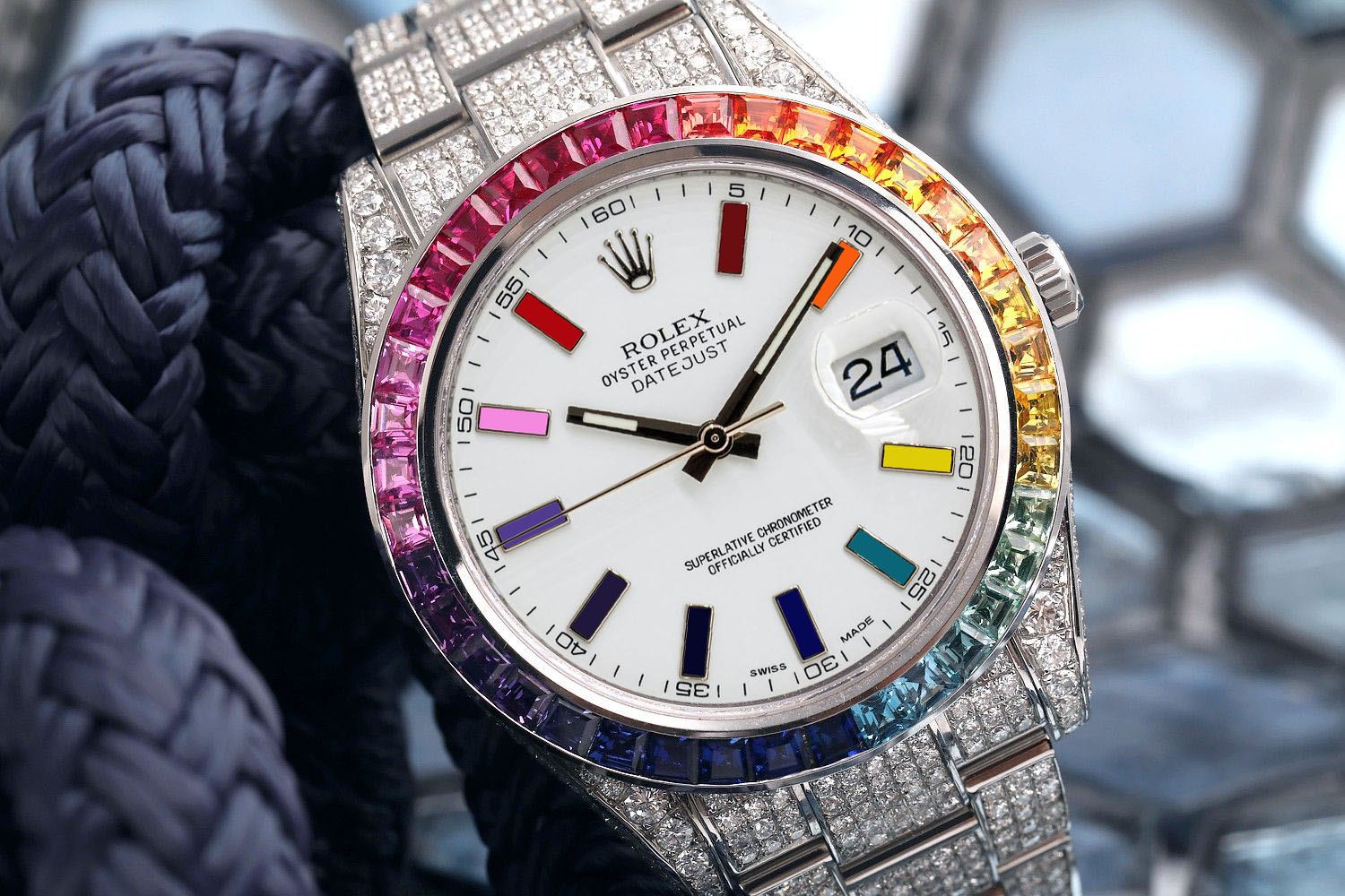 Rolex Datejust II 41mm Stainless Steel Fully Iced Out Watch with Rainbow Bezel and Rainbow Dial