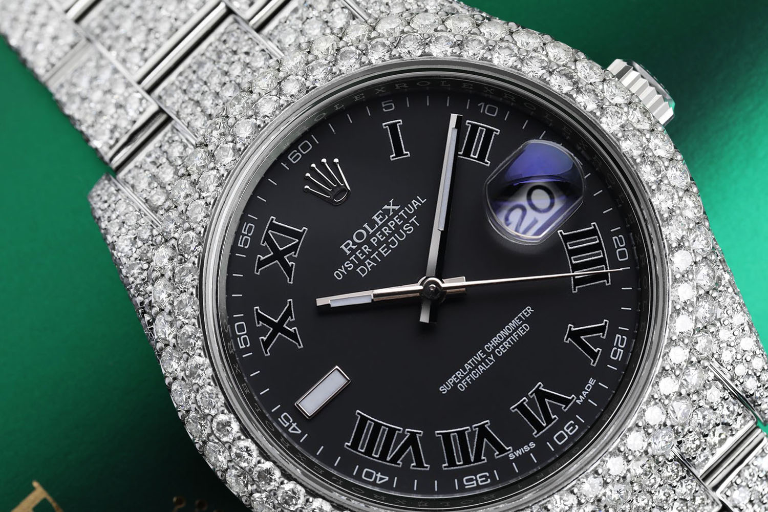 Rolex Mens Datejust II 41mm Stainless Steel Black Roman Factory Dial Custom Fully Diamond Watch