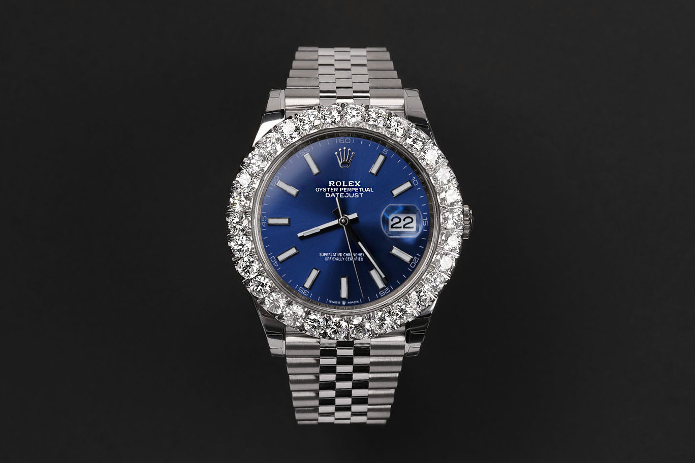 Rolex Datejust 41mm Stainless Steel Watch Diamond Bezel Blue Index Dial