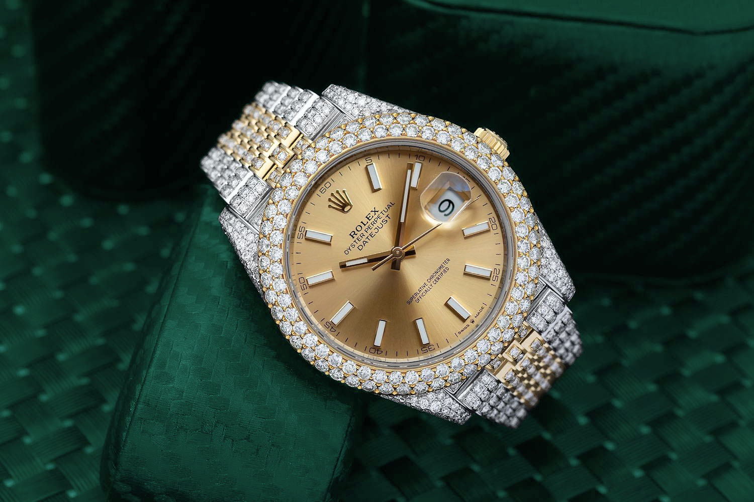 Rolex Custom Diamond Datejust 41mm Factory Champagne Index Dial Yellow Gold and Stainless Steel Mens Watch