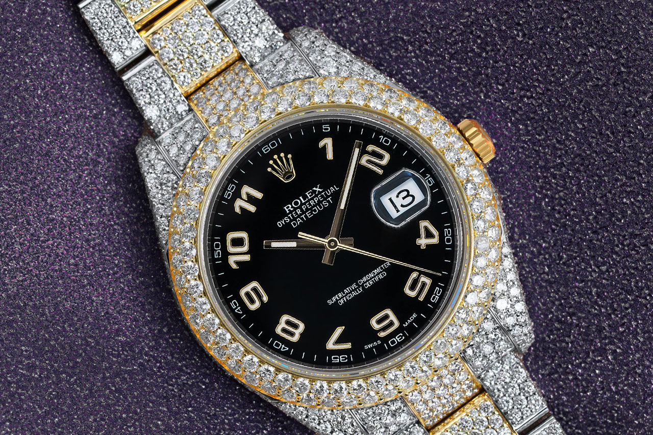 Rolex Datejust 41 Custom Diamond Two Tone Watch Oyster Band Black Arabic Numerals Dial