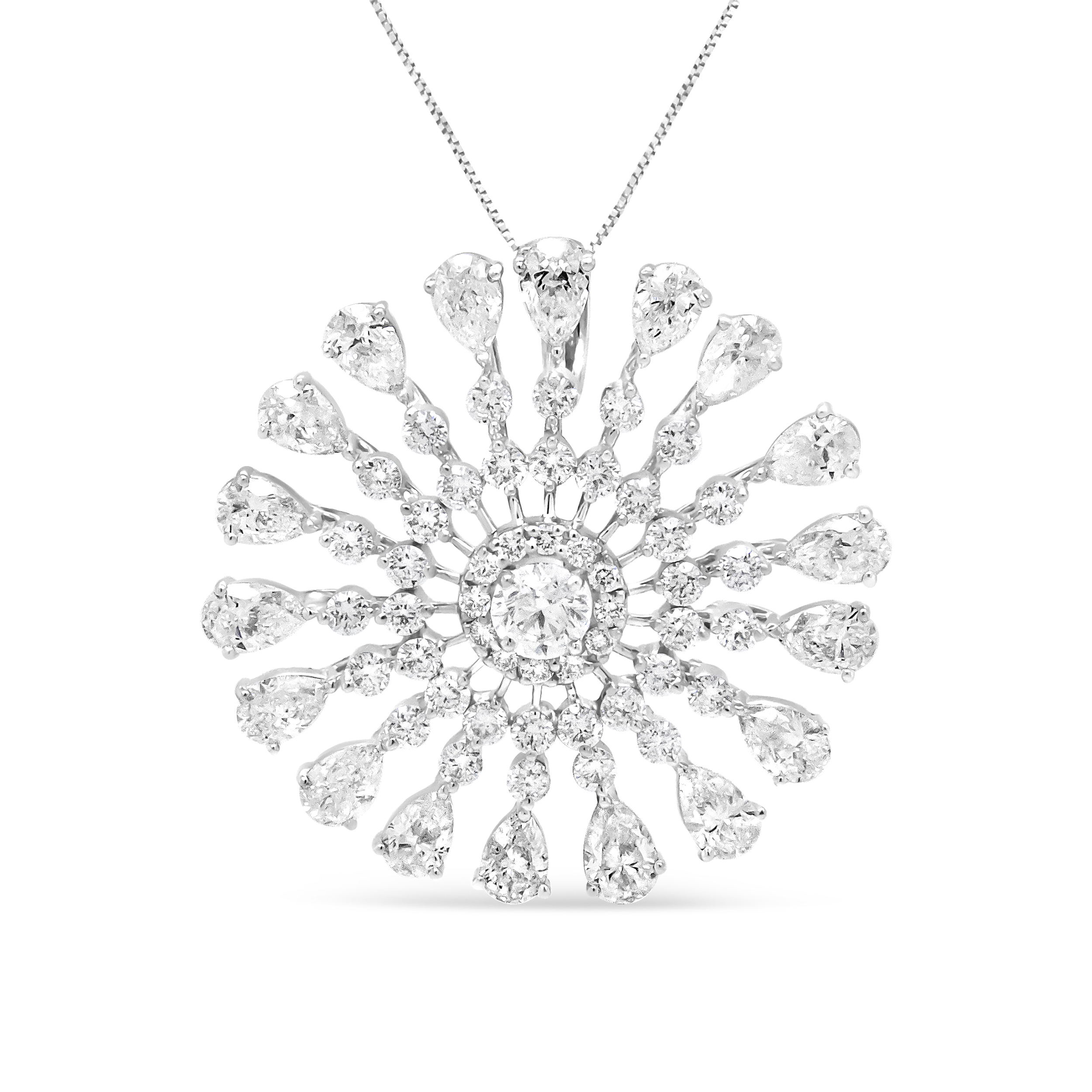 18K White Gold 5 1/4 Cttw Round and Pear-Cut Diamond Sun Shaped 18" Pendant Necklace (F-G Color,  VS1-VS2 Clarity)