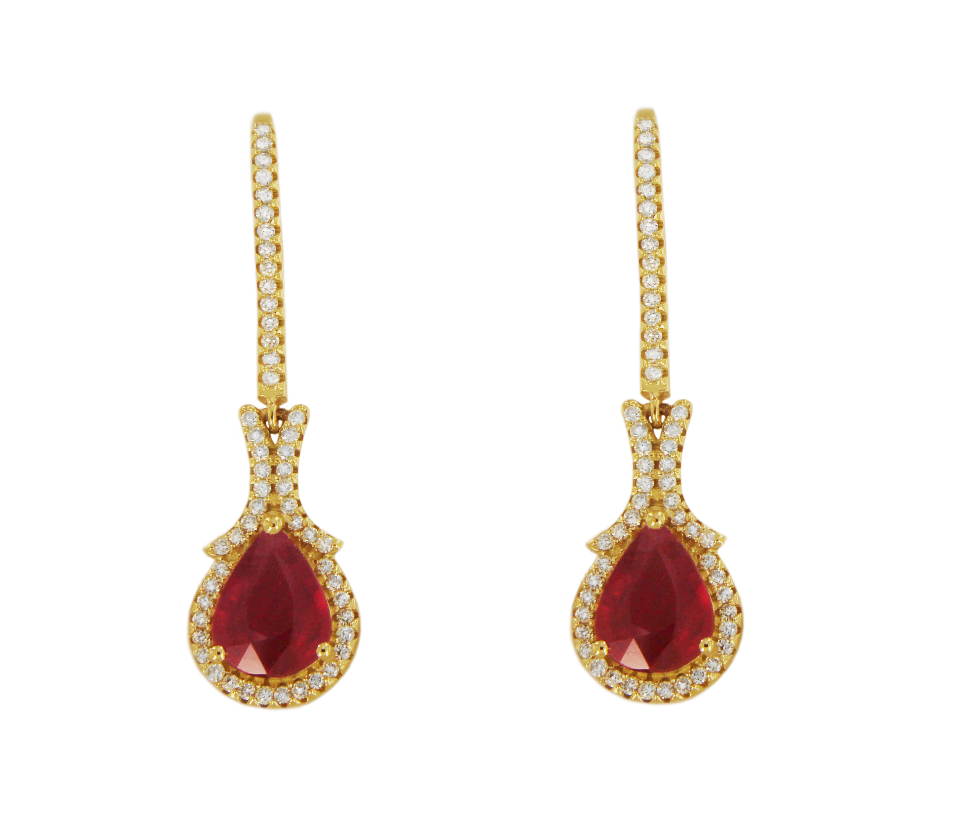 Rubies Long Drop Earrings in Yellow Gold with Diamonds