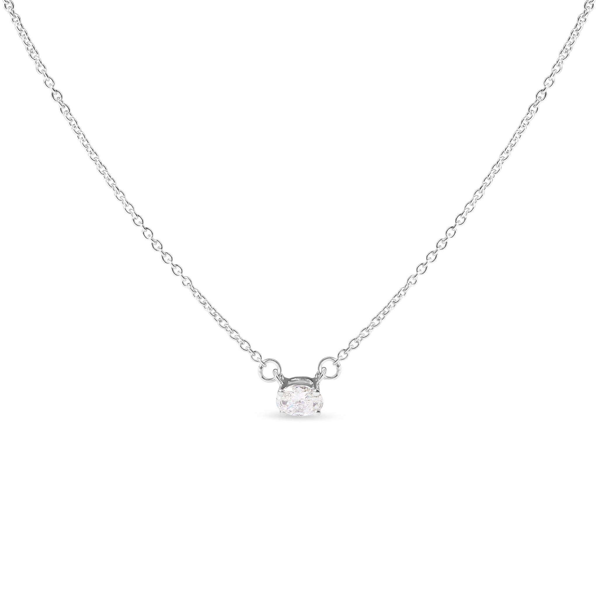 14K White Gold 1/4 Cttw Lab Grown Oval Solitaire Diamond East West 18" Pendant Necklace (G-H Color, VS2-SI1 Clarity)