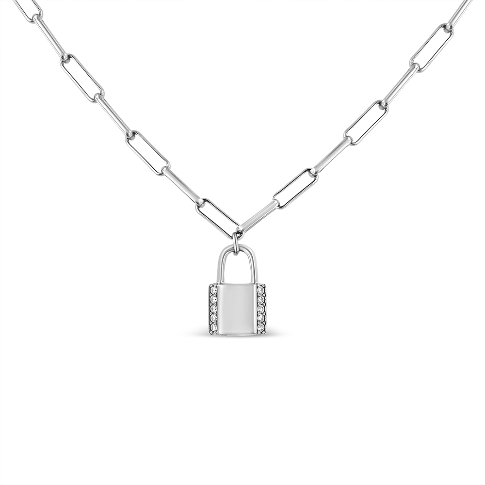.925 Sterling Silver 1/10 Cttw Round Diamond Lock Pendant 20" Paperclip Chin Necklace (H-I Color, SI1-SI2 Clarity)