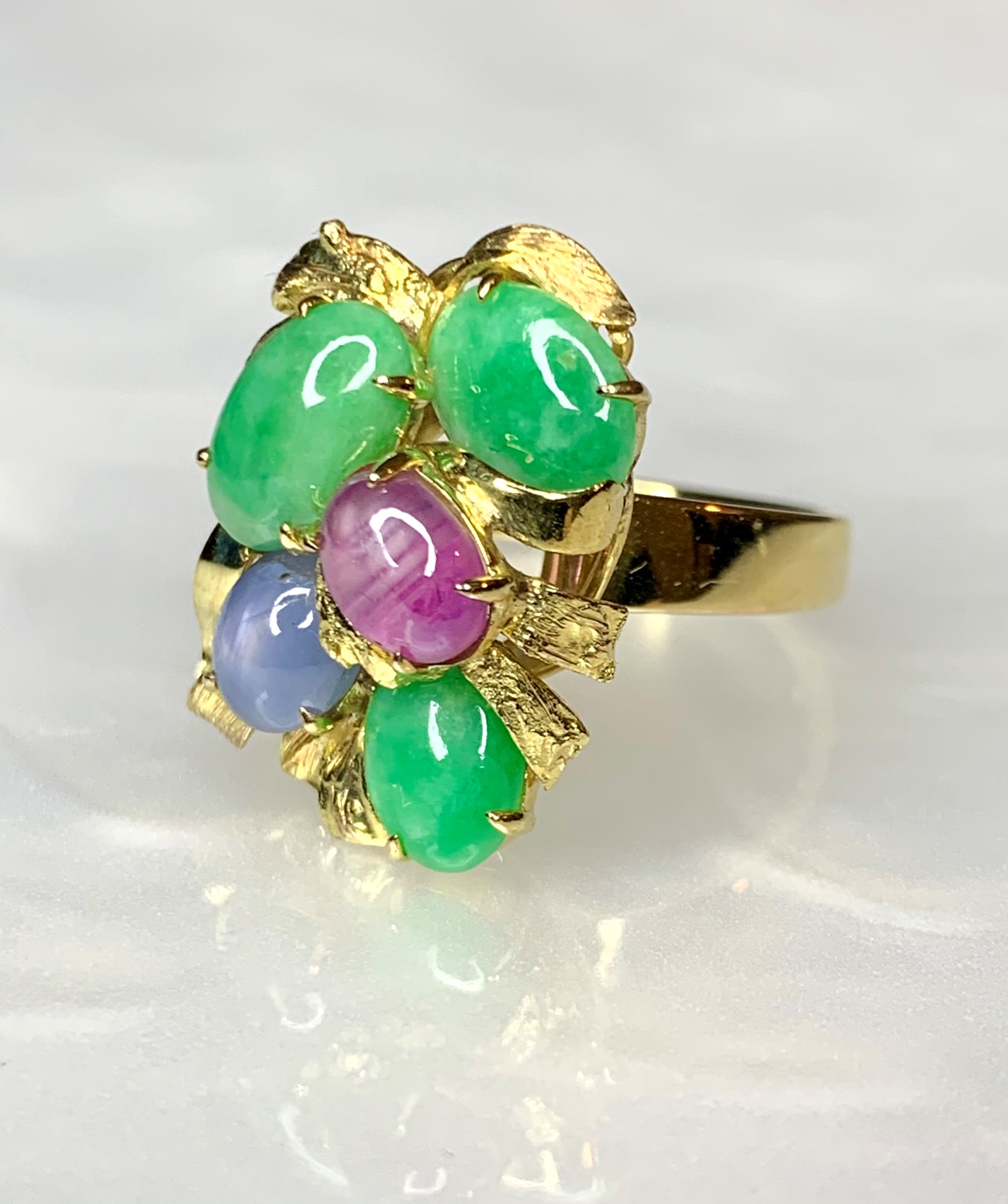 14K Yellow Gold Star Sapphire with Jade Cabochon Ring