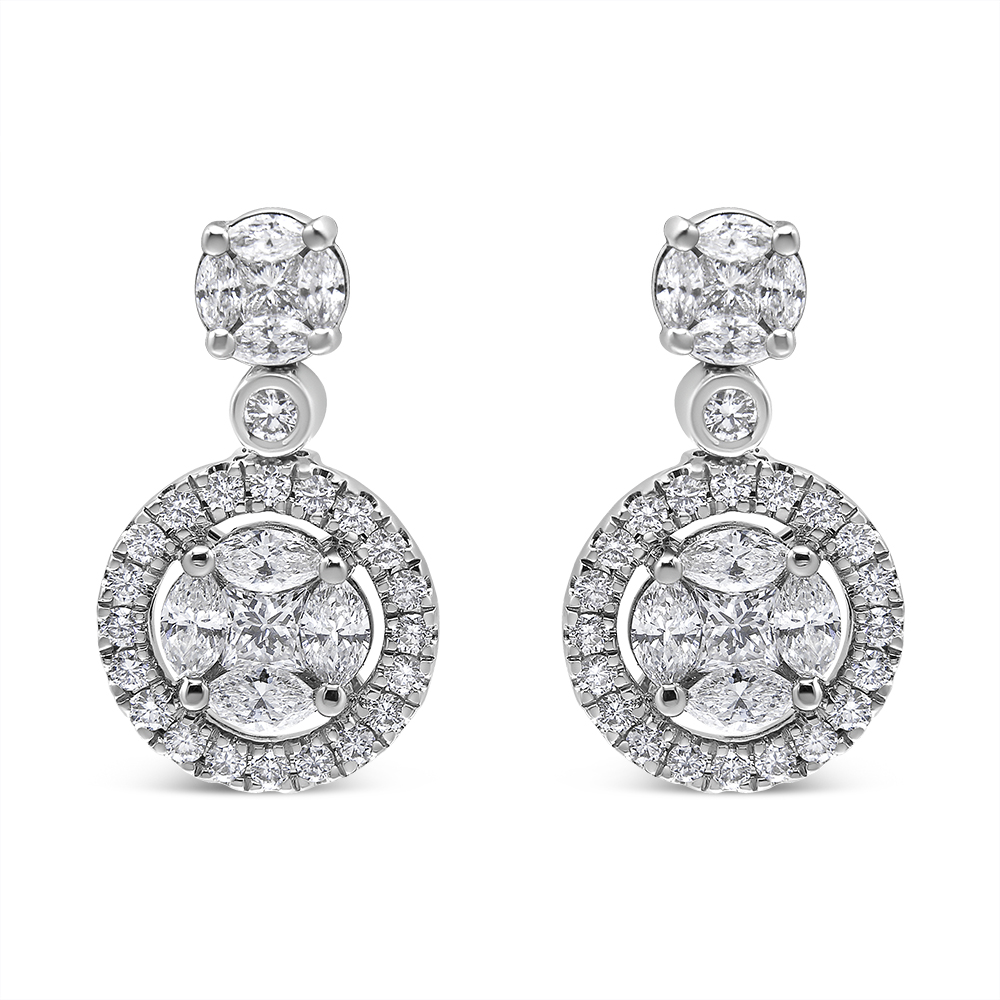 True 18K White Gold 2.0 Cttw Round Shape Diamond Composite Halo Dangle Stud Earring (F-G Color, VS1-VS2 Clarity)