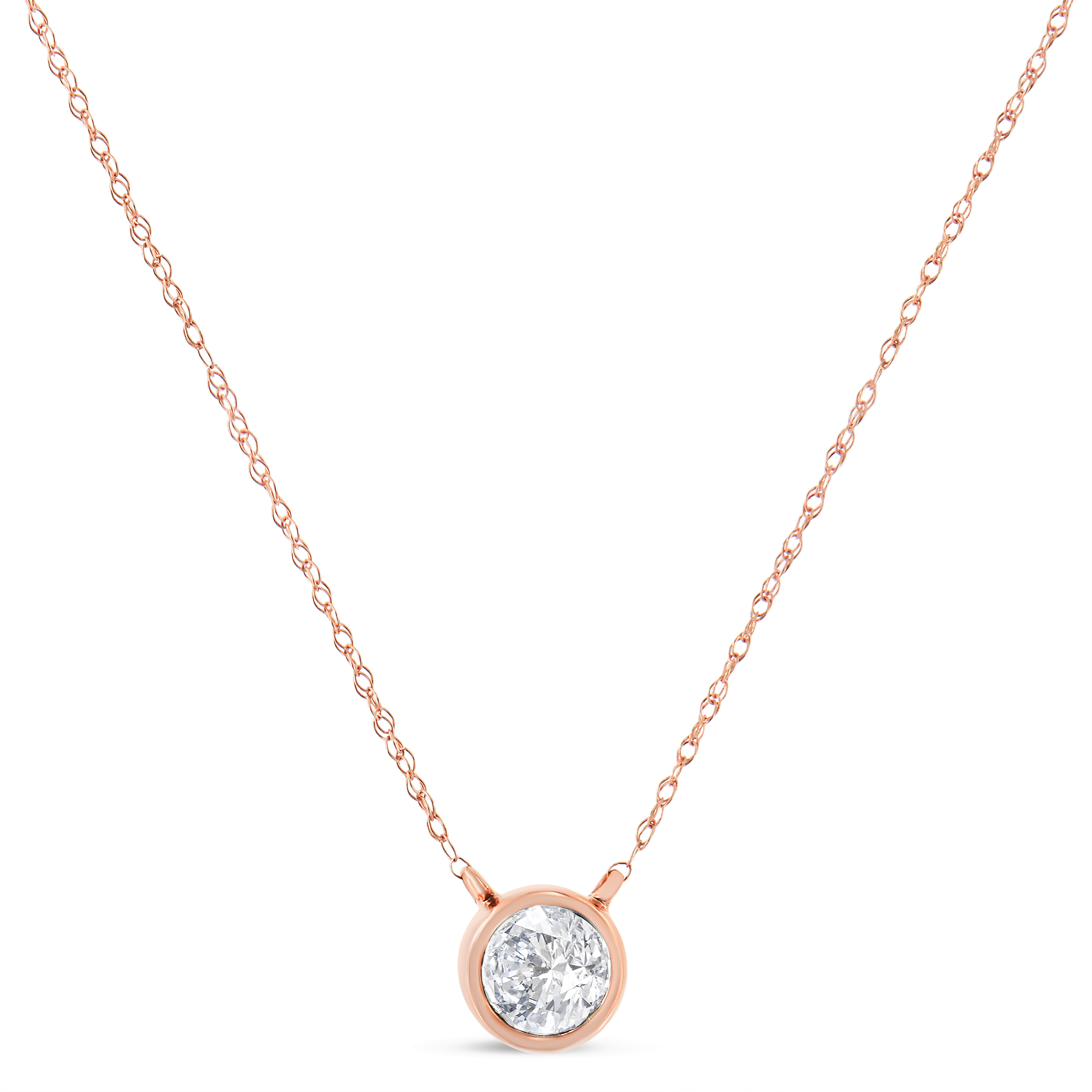 AGS Certified 10K Rose Gold 1/5 Cttw Bezel Set Round Diamond Solitaire 16-18" Adjustable Pendant Necklace