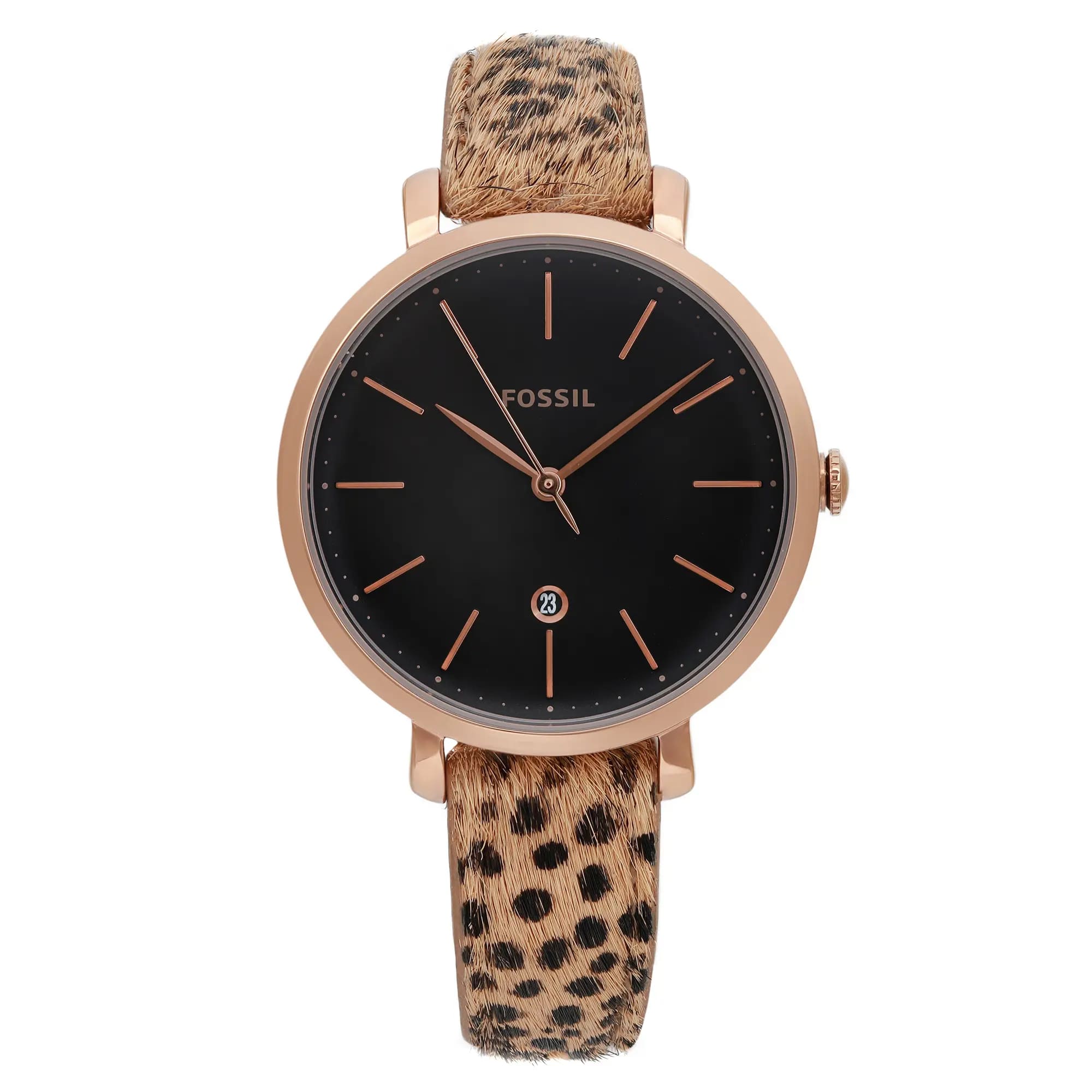 Fossil Jacqueline 36mm Black Dial Faux Cheetah Hair Leather Band Watch