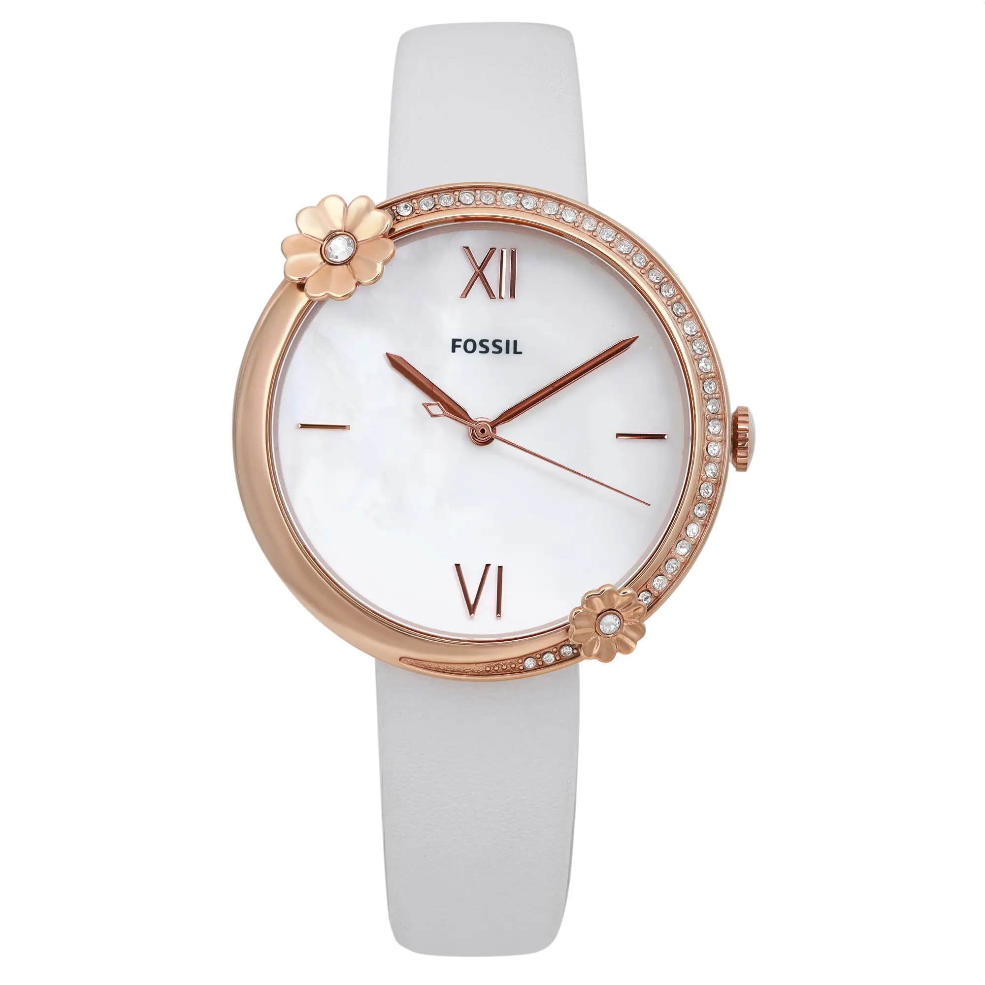 Fossil Presley Rose Gold-Tone Crystal White MOP Dial Leather Ladies Watch 