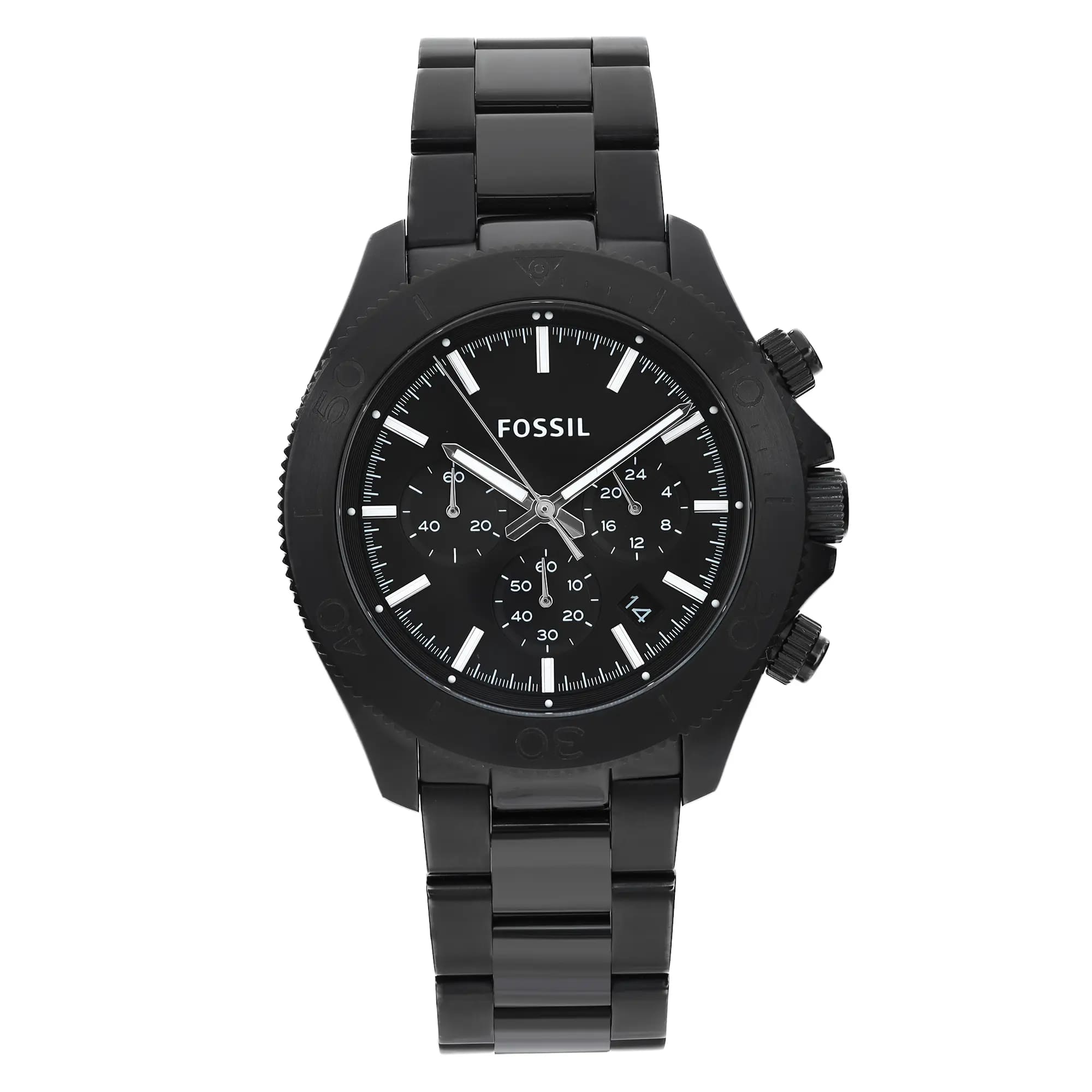 Fossil Retro Traveler 45mm Steel Chronograph Black Dial Men Quartz Watch