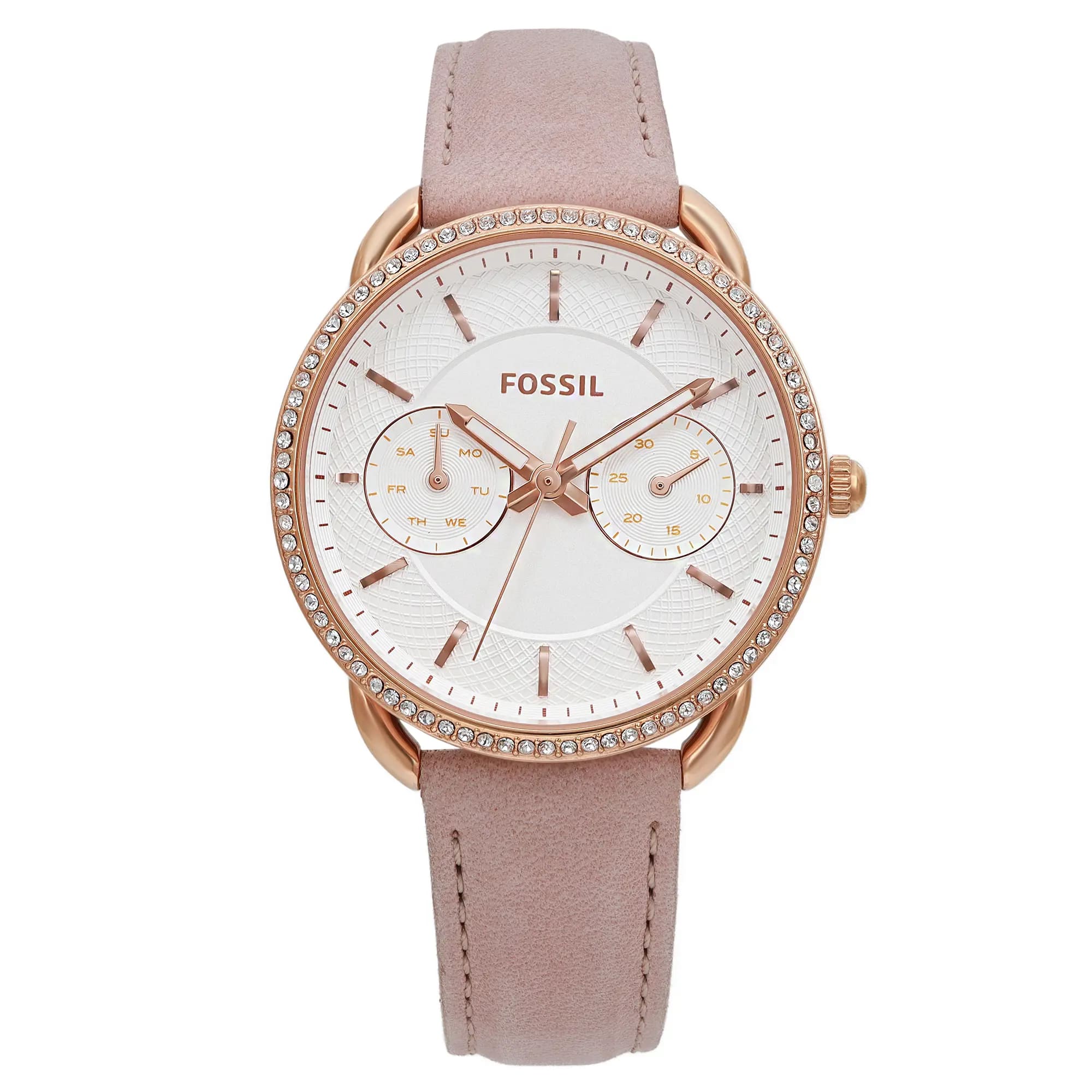 Fossil Tailor Rose Gold-Tone White Dial Pink Band Ladies Quartz Watch 