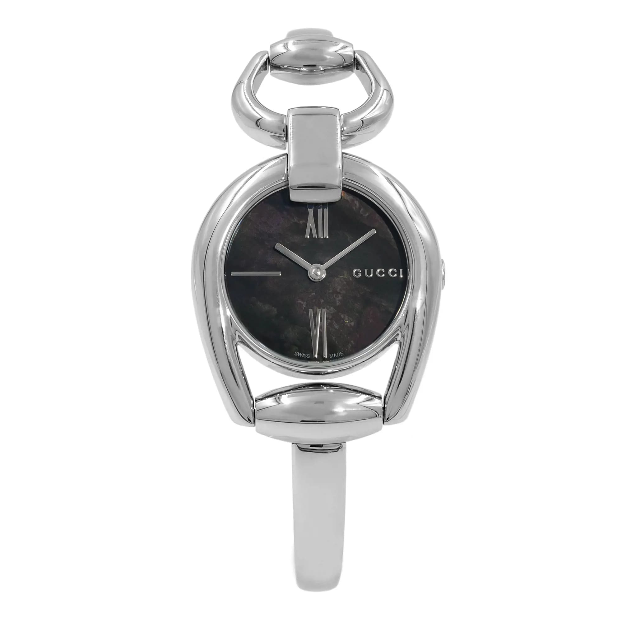 Gucci Horsebit Steel Bangle Bracelet Black MOP Dial Quartz Ladies Watch 