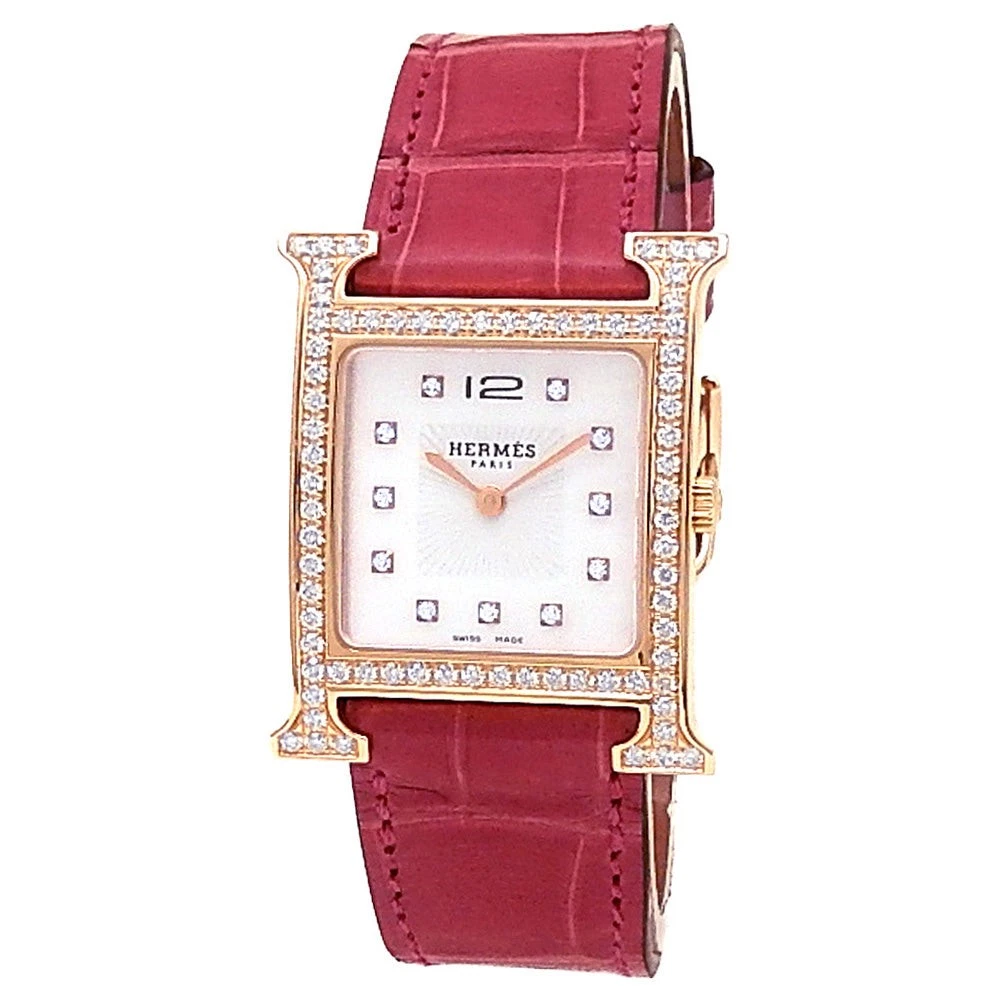 Hermes Heure H 18k Rose Gold Pink Leather Mother of Pearl Ladies Watch HH1.571e