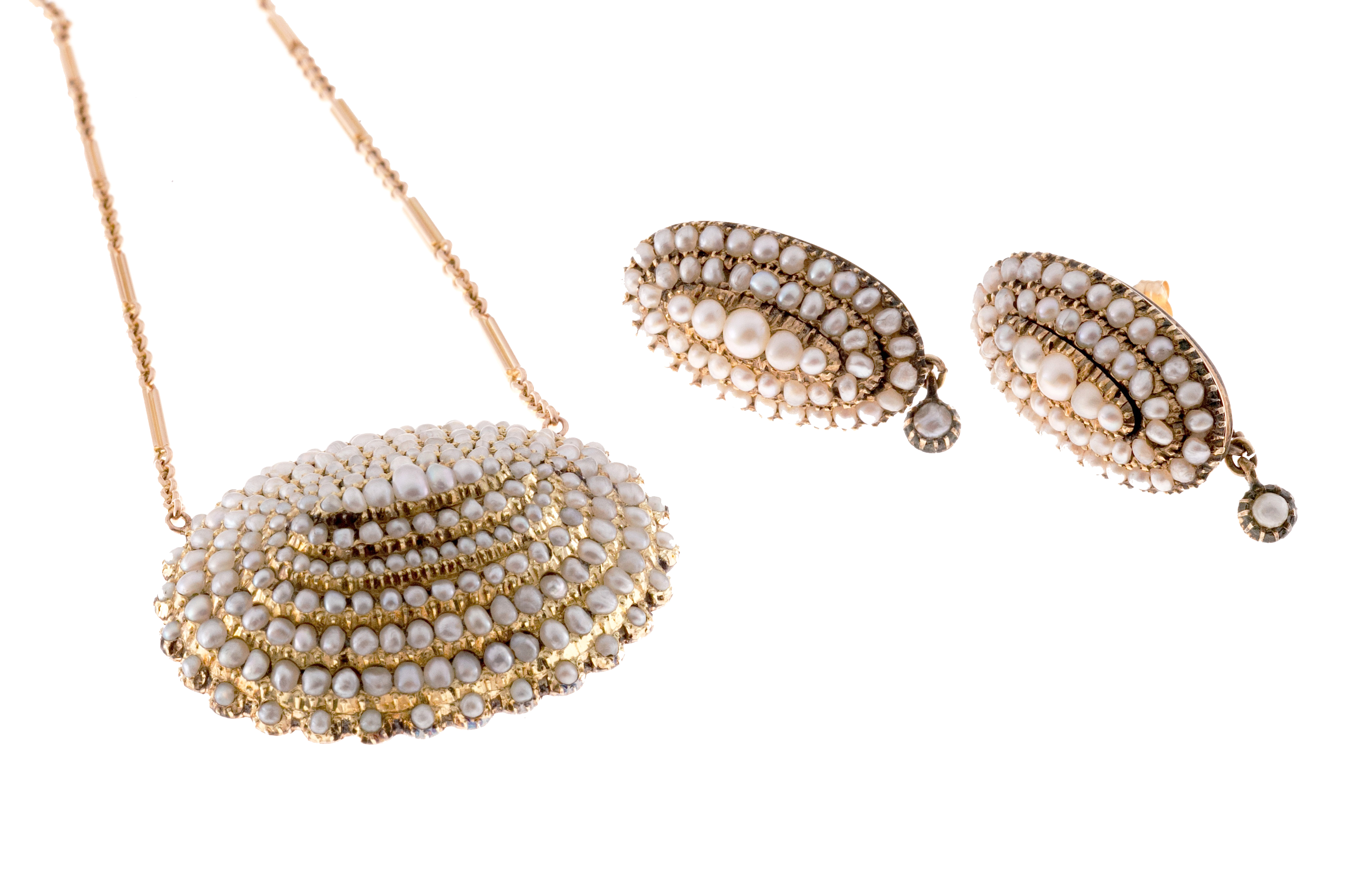 14K Yellow Gold with Pearl Domed Necklace  Earring Set