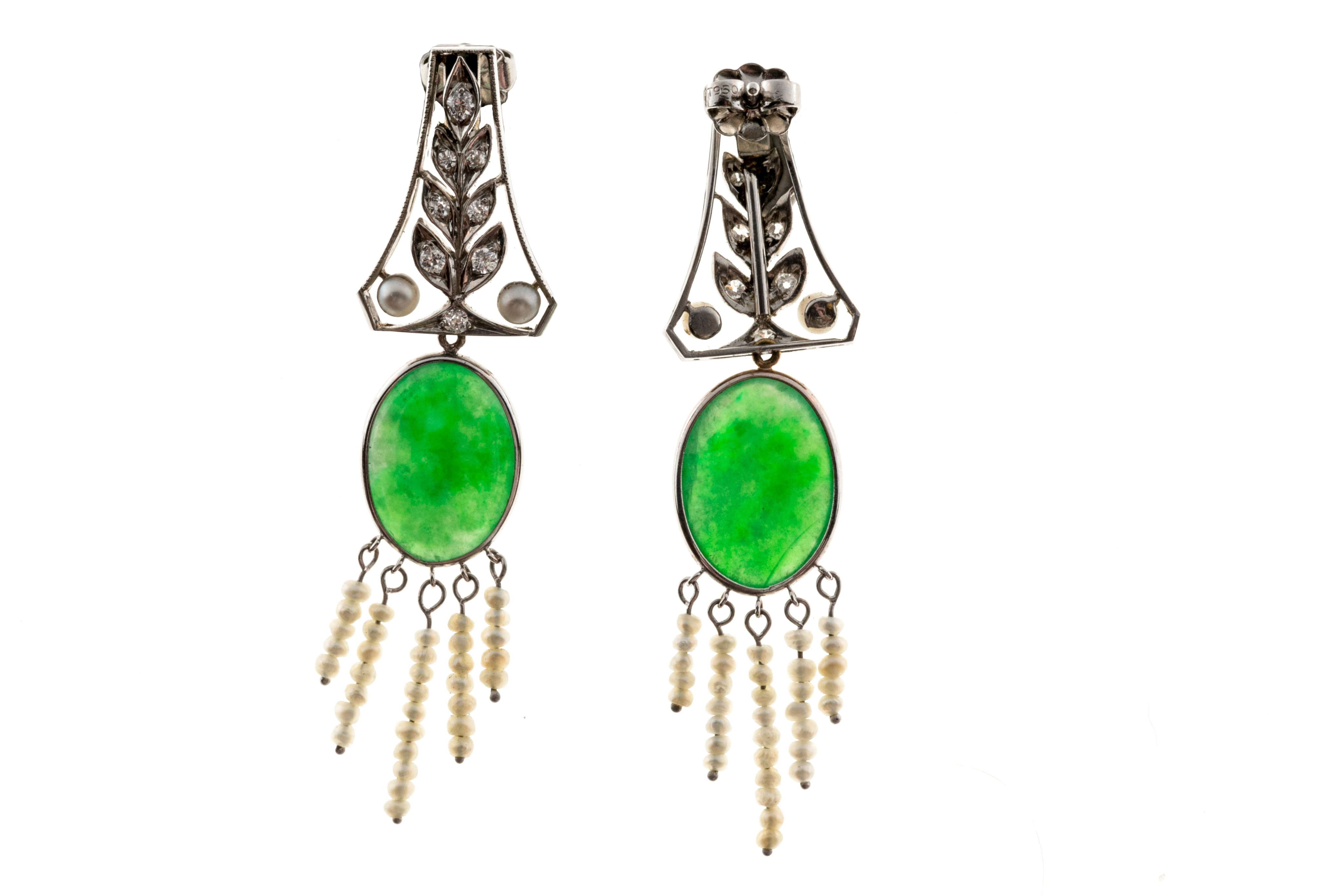 Platinum 6.65ct Jadeite Jade, Pearl and .12ct Diamond Earrings