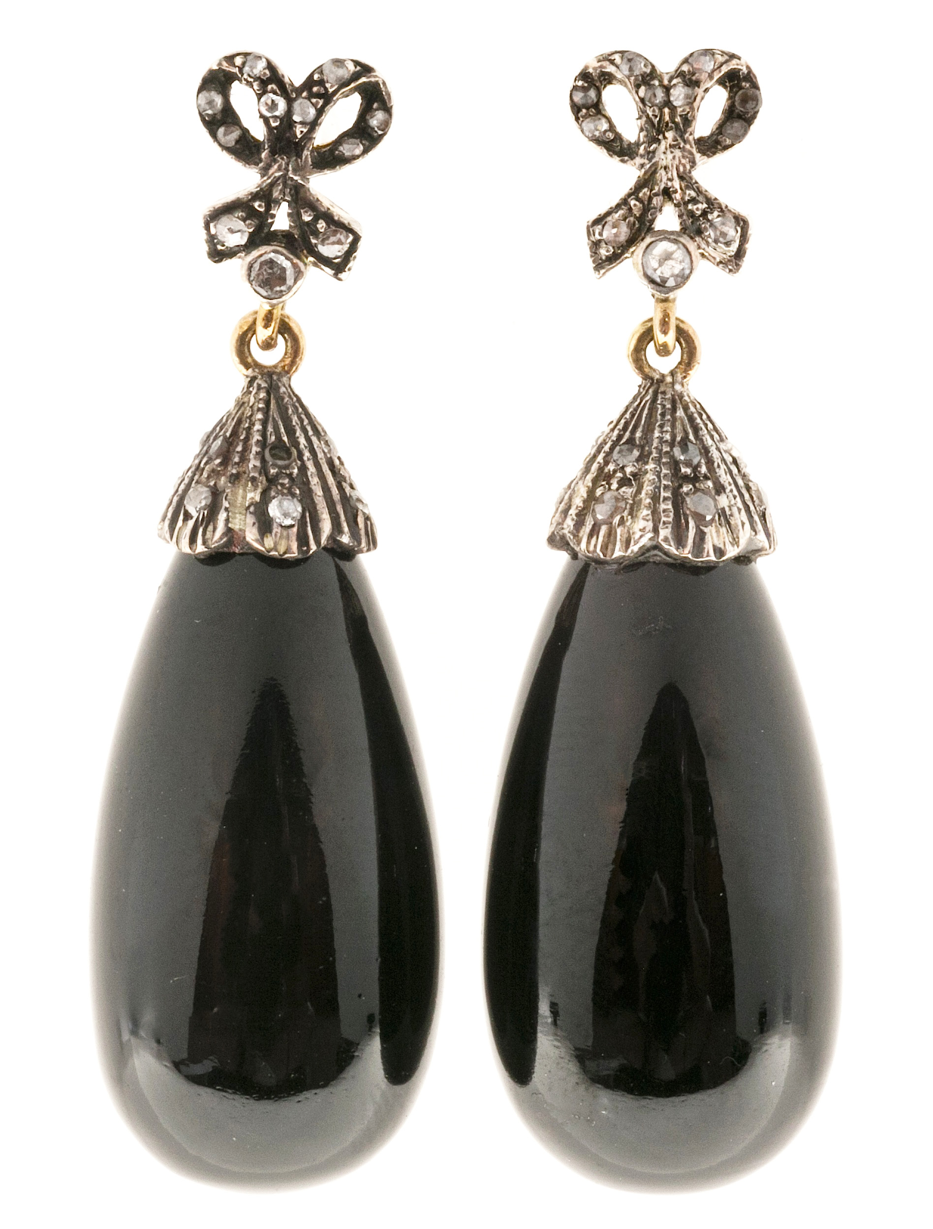 18K Rose Gold and Silver 58.00ct Black Onyx and Diamond Dangle Earrings