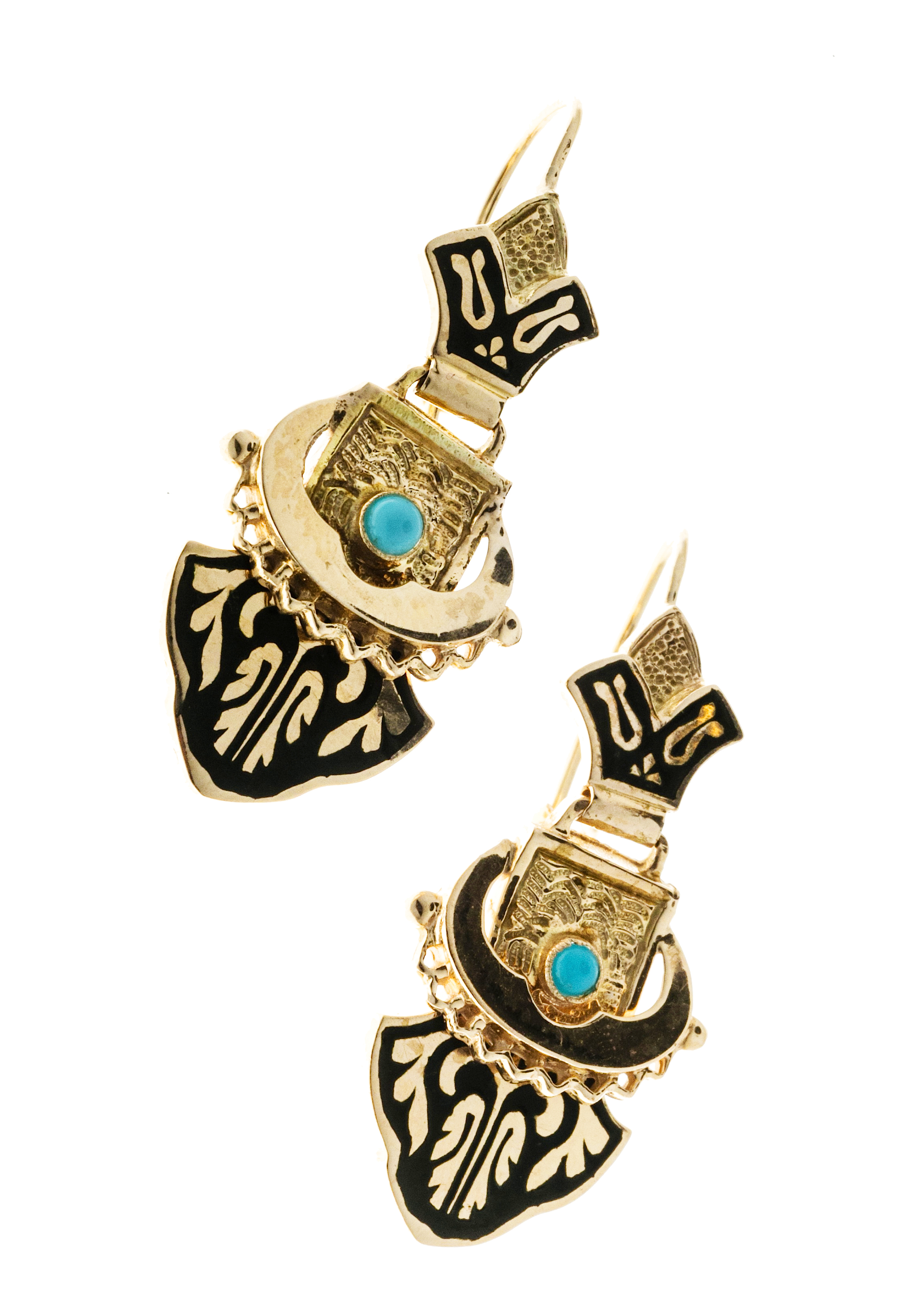 14K Yellow Gold  Blue Enamel with Turquoise Earrings