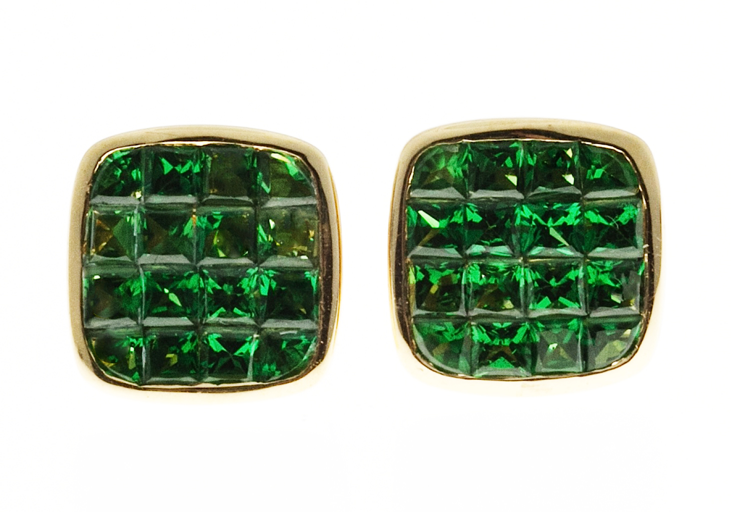 18K Yellow Gold with Green Square Tsavorite Garnet Earrings