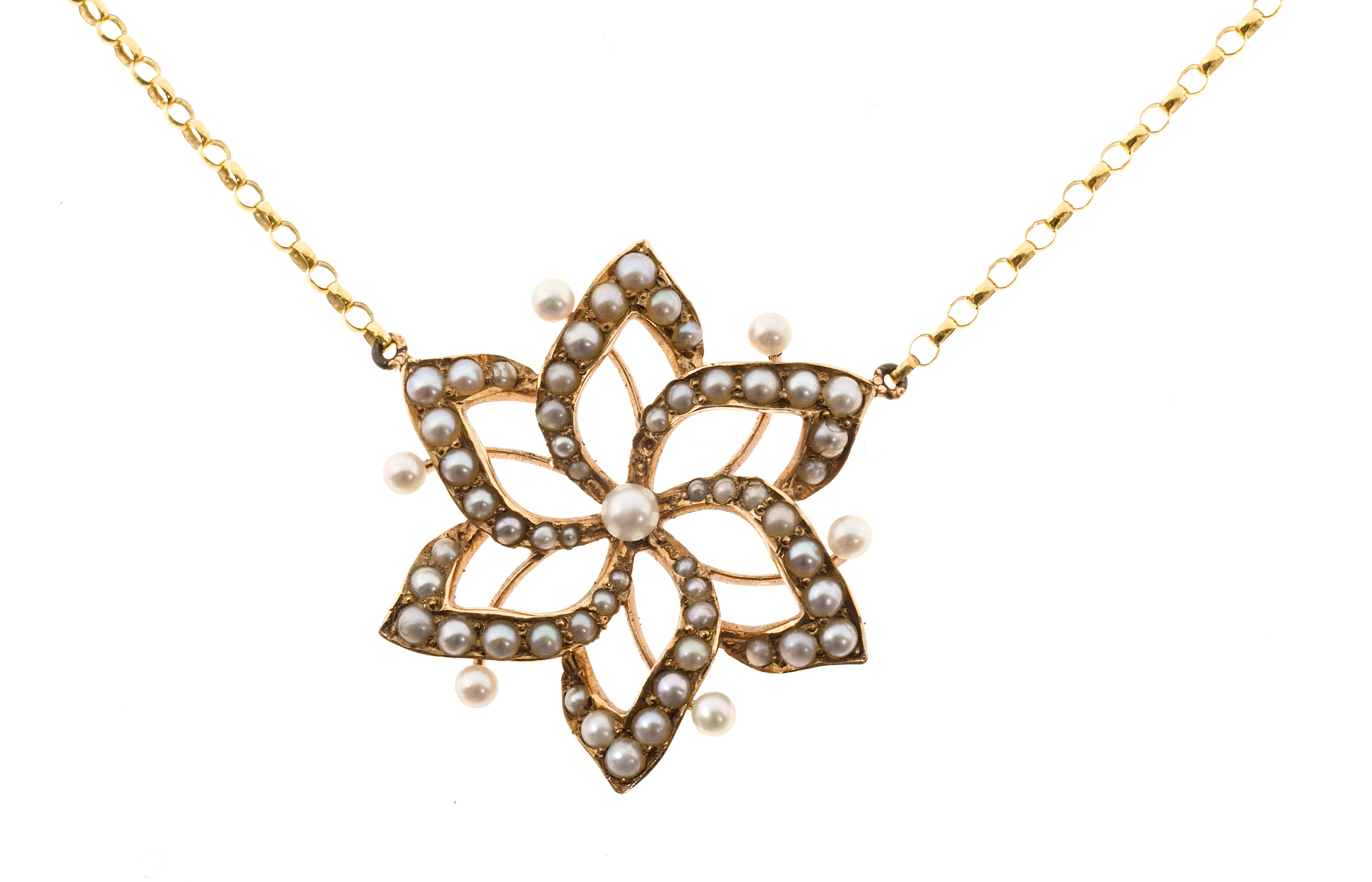 14K Yellow Gold with Pearl Open Flower Necklace