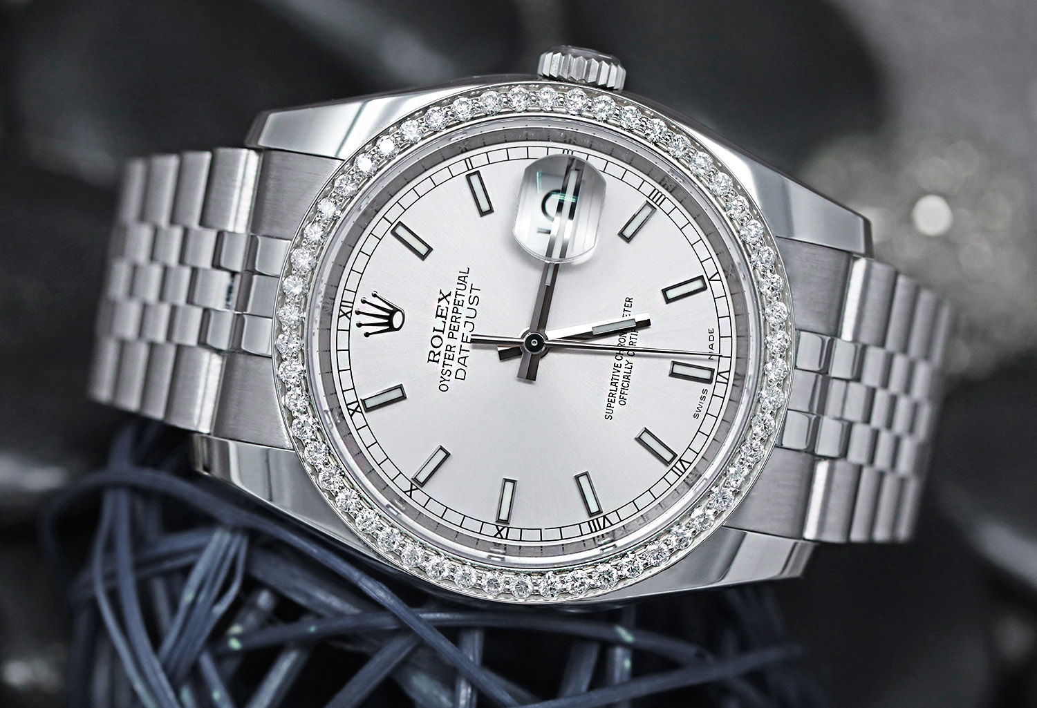 Rolex 36mm Datejust Silver Index Dial with Custom Diamond Bezel Stainless Steel Jubilee Hidden Clasp