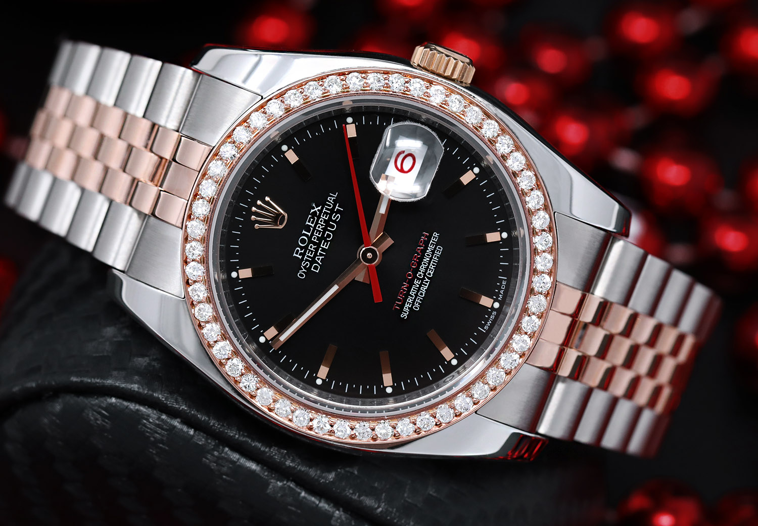 Rolex Datejust Turn-O-Graph Two Tone Stainless Steen and Rose Gold Watch Black Dial Diamond Bezel 36mm