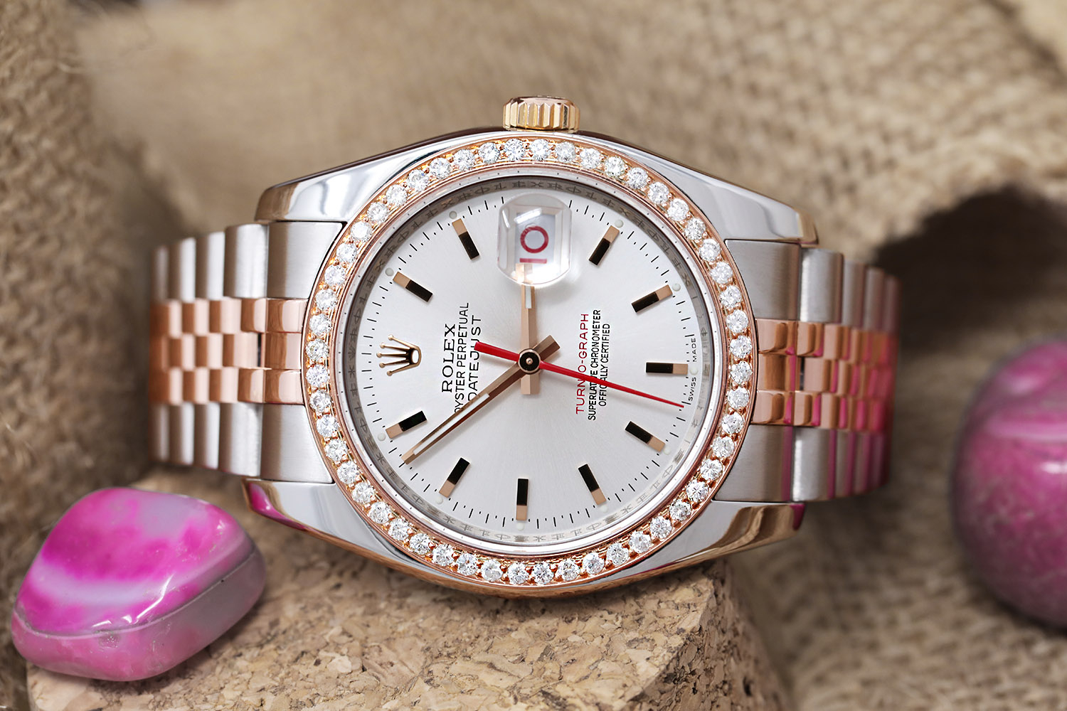 Rolex Datejust Turn-O-Graph Two Tone Stainless Steen and Rose Gold Watch Silver Dial Diamond Bezel 36mm
